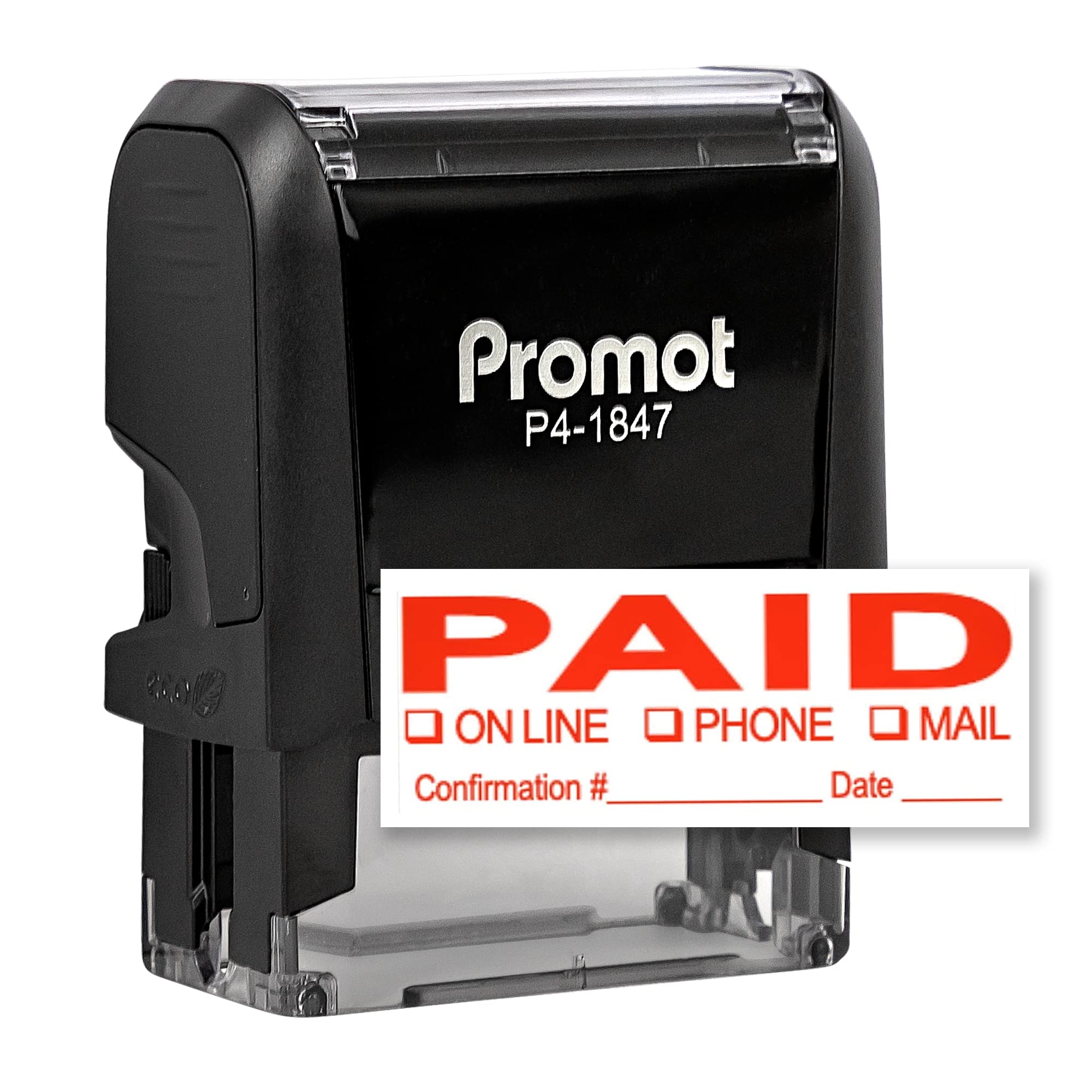 Promot Paid Stamp Self Inking Stamp - Paid Stamp for Office, Accounts Payable Stamp w/Confirmation Number and Date - Rubber Stamps, Red Ink Stamp, Self Inking Stamp for Business Supplies