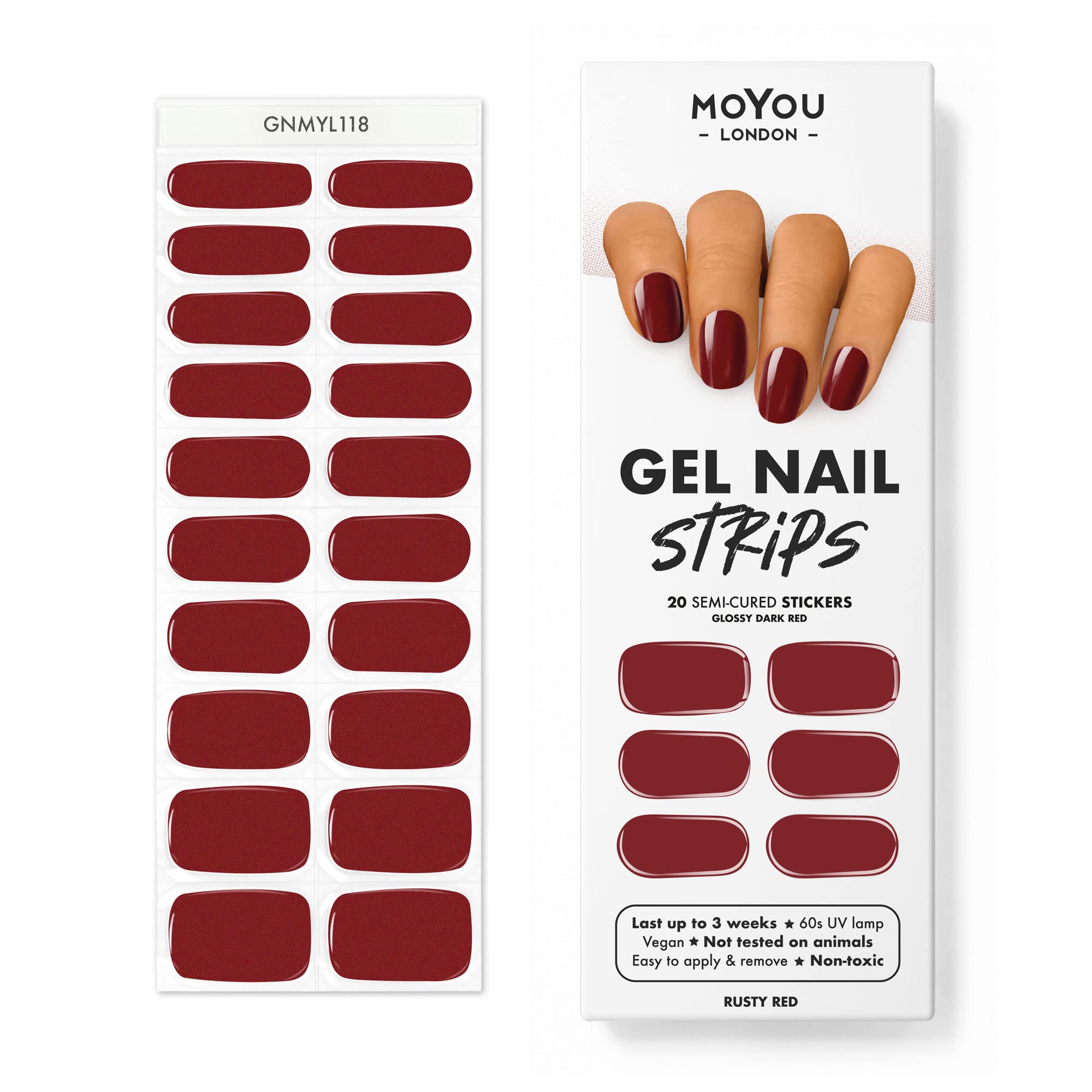 MOYOU LONDONSemi Cured Gel Nail Wraps, 20 Pcs Gel Nail Polish Strips for Salon-Quality Manicure Set with Nail File & Wooden Cuticle Stick (UV/LED Lamp Required) - Rusty Red