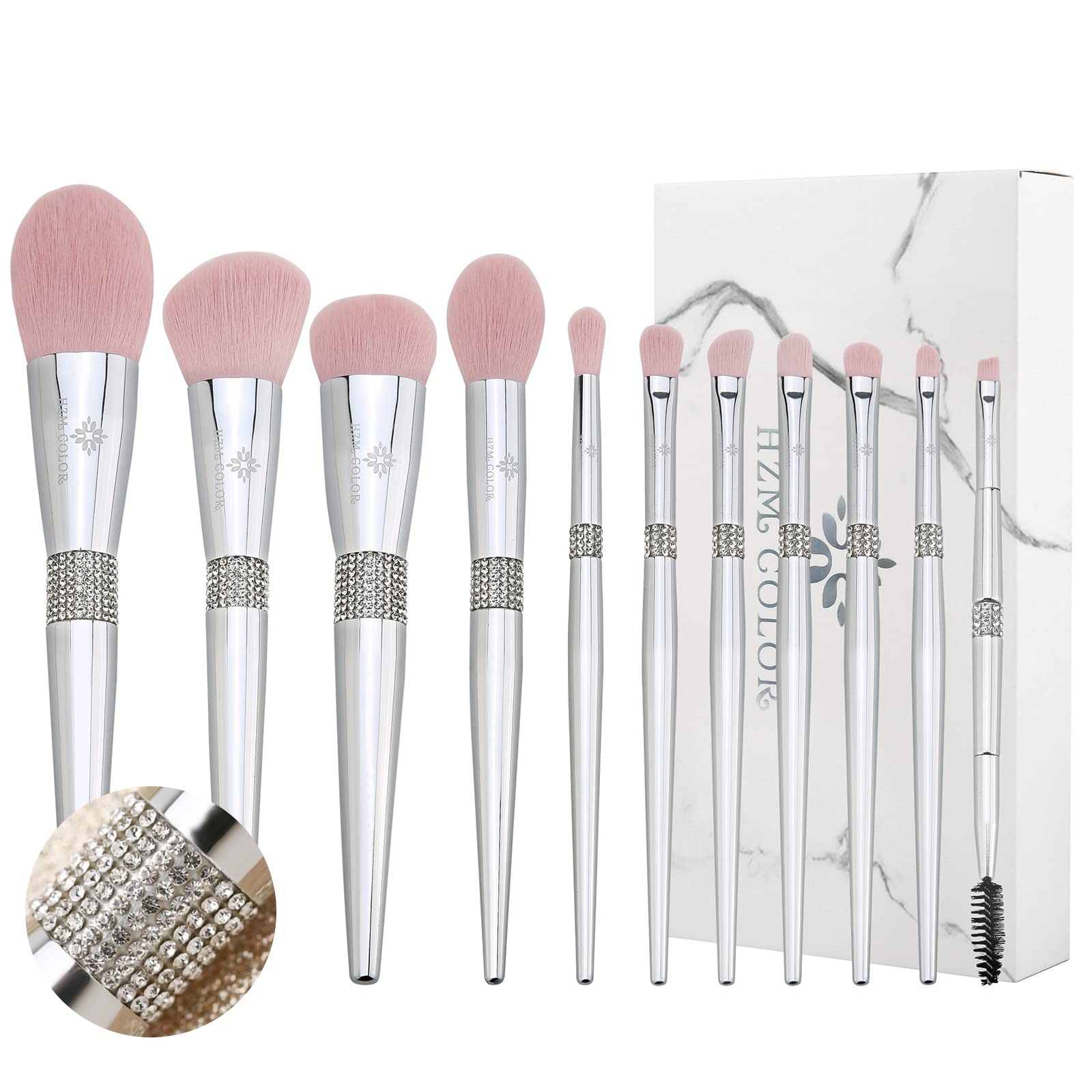 HZM COLOR Makeup Brush Set 11Pcs Bling Makeup Brushes Soft Synthetic Brochas De Maquillaje Kabuki Powder Blush Contour Foundation Concealer Eye Shadow Brushes Face Make Up Tools Kit Silver