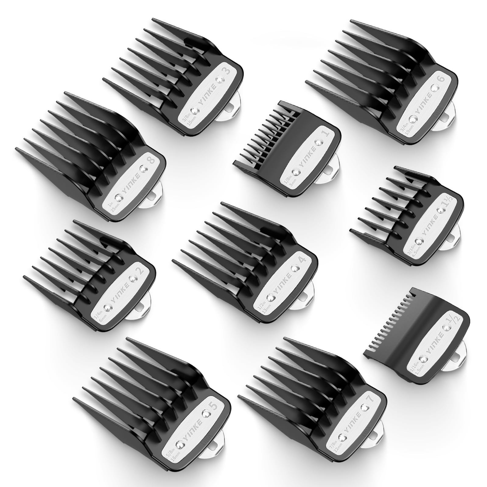 Yinke for 10 Pcs Wahl Clipper Guards Set, Hair Clipper Guards for Wahl Senior Clippers with Metal Clip, 10 Cutting Length from 1/16” to 1” (1.5-25mm), Fits Most Cordless/Cord Wahl Clippers (Black)