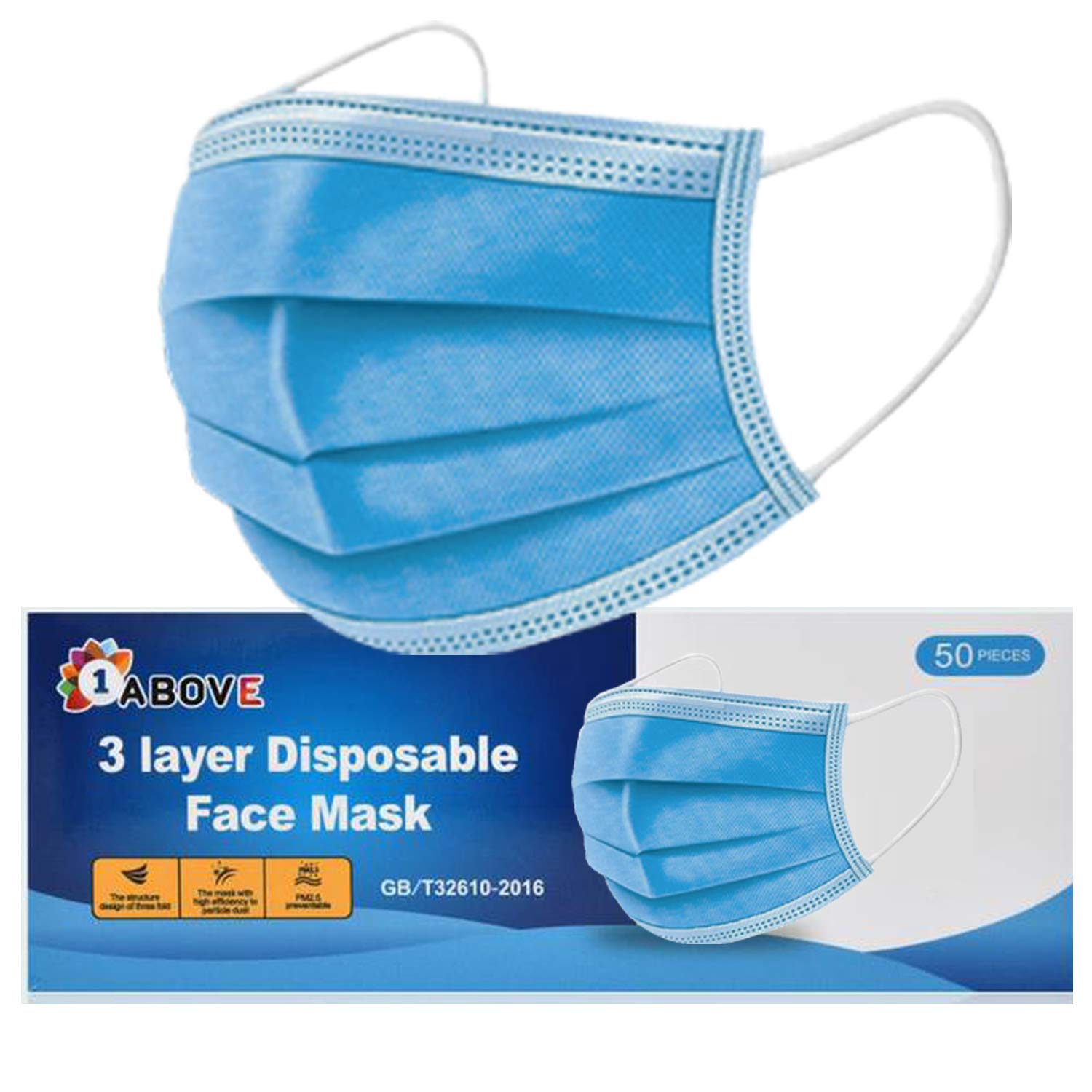 1Above 50pk- Disposable 3-Layer Protective Face Masks, High Filterability, Sutaible For Sensitive Skin