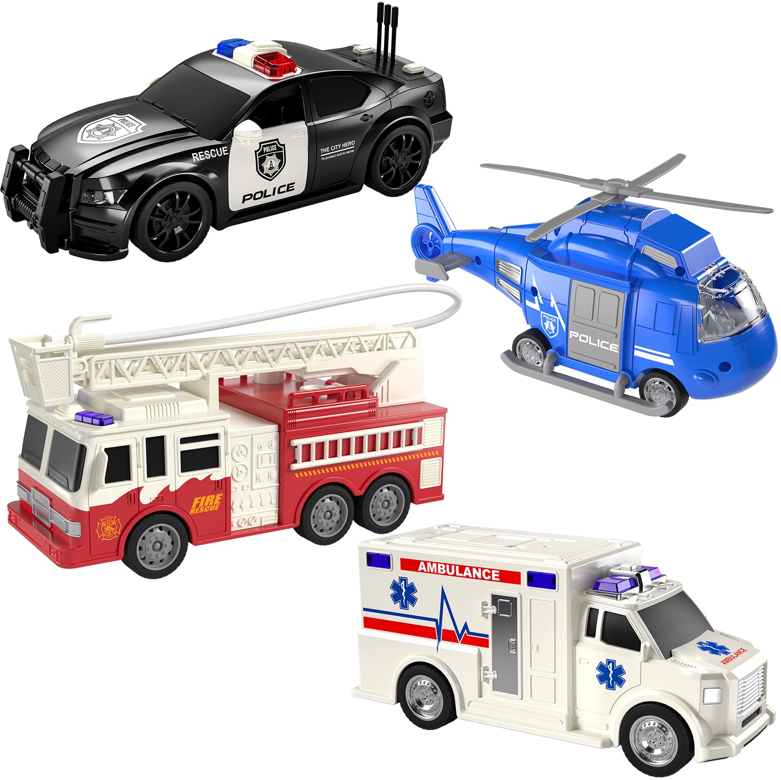 TEMI 4 Pack Emergency Vehicles for Kids, Helicopter, Police Car, Fire Truck, Ambulance Friction Powered Toys for Toddlers, Gifts for Age 3-12 Boys Girls