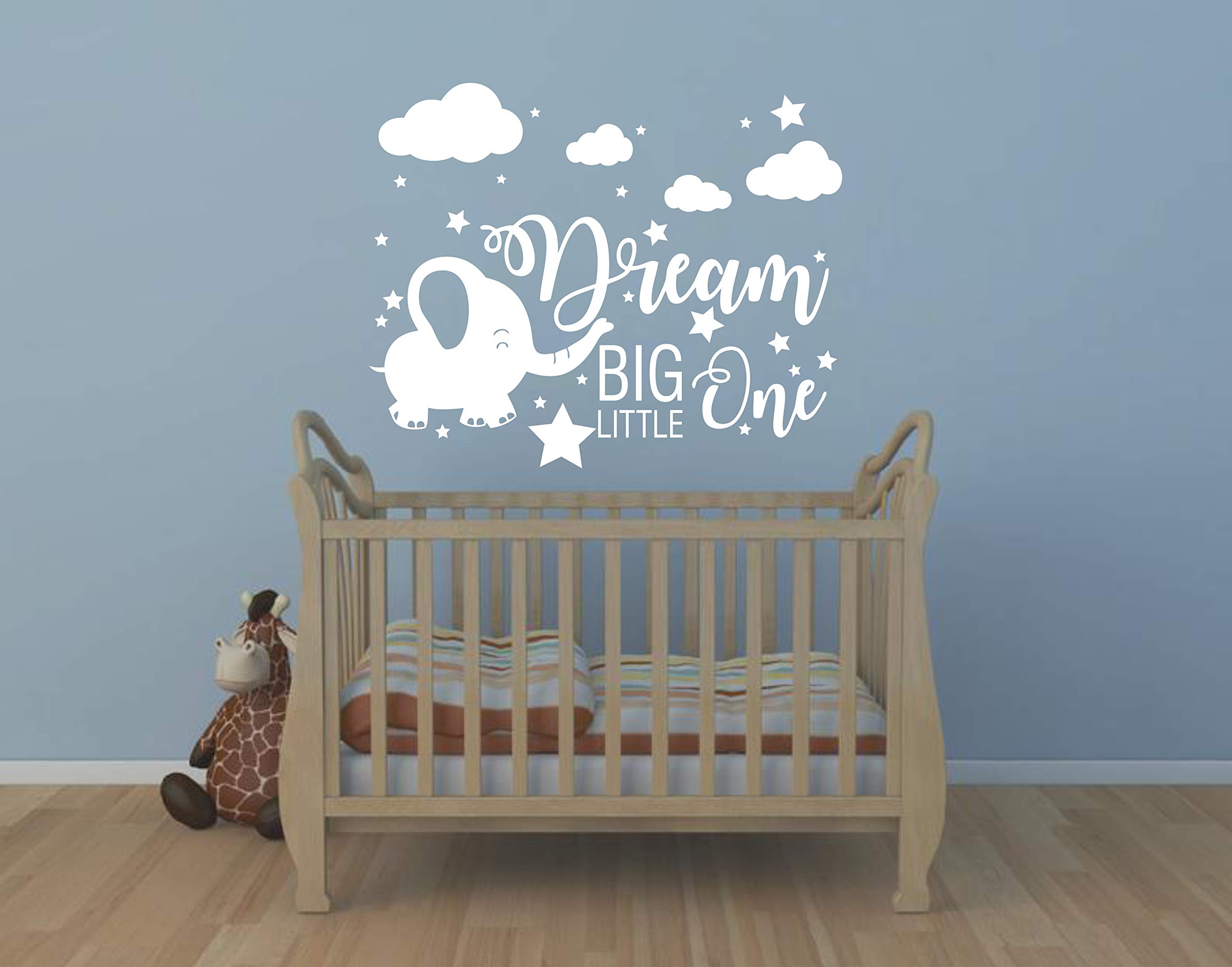 Yyart Elephant Nursery Wall Decal, Dream Big Little One Decal, Elephant Sticker, Baby Boy Girls Room Decor, Nursery Decals, Cloud and Star Nursery(A42)(White)