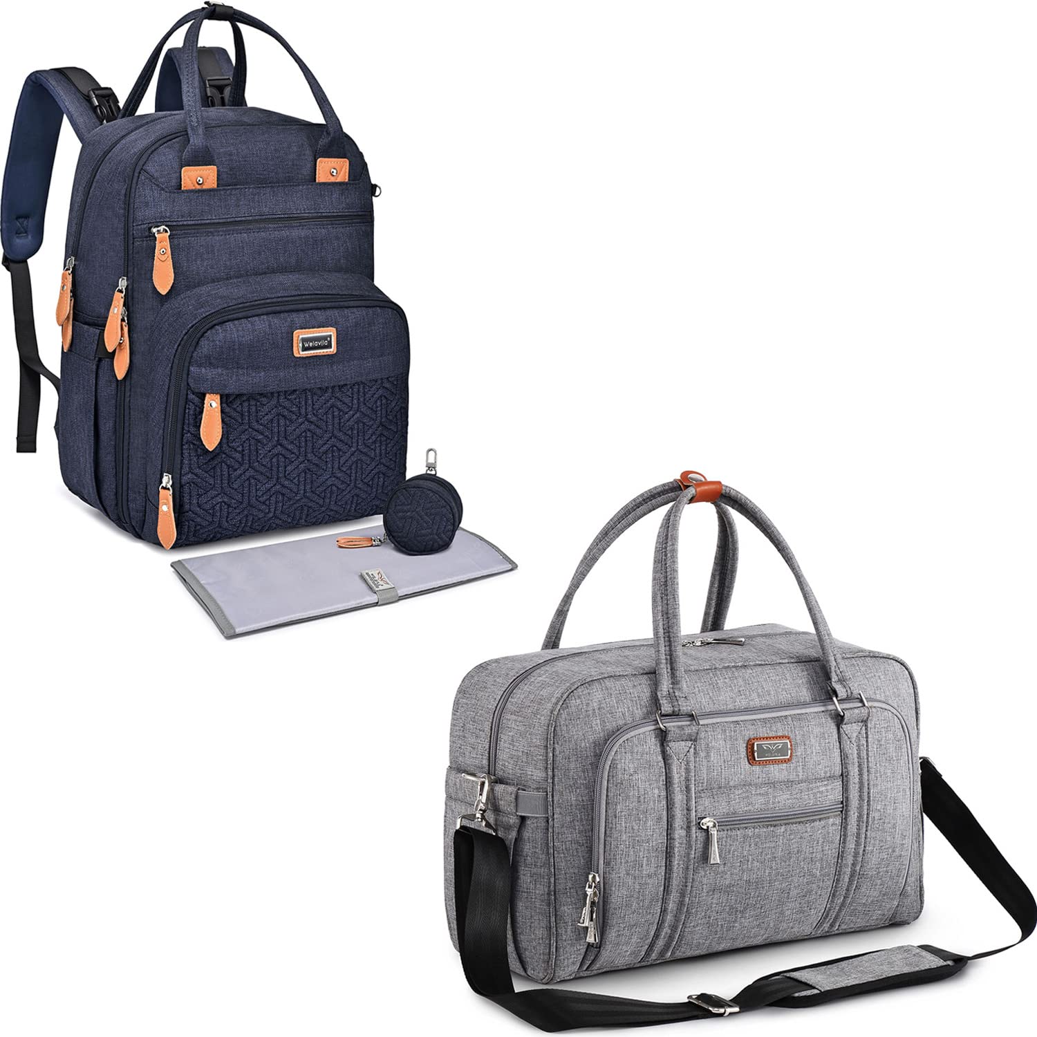 WELAVILA Diaper Bag Backpack,Diaper Bag Tote,Large Convertible Baby Bags,Navy Blue&Gray