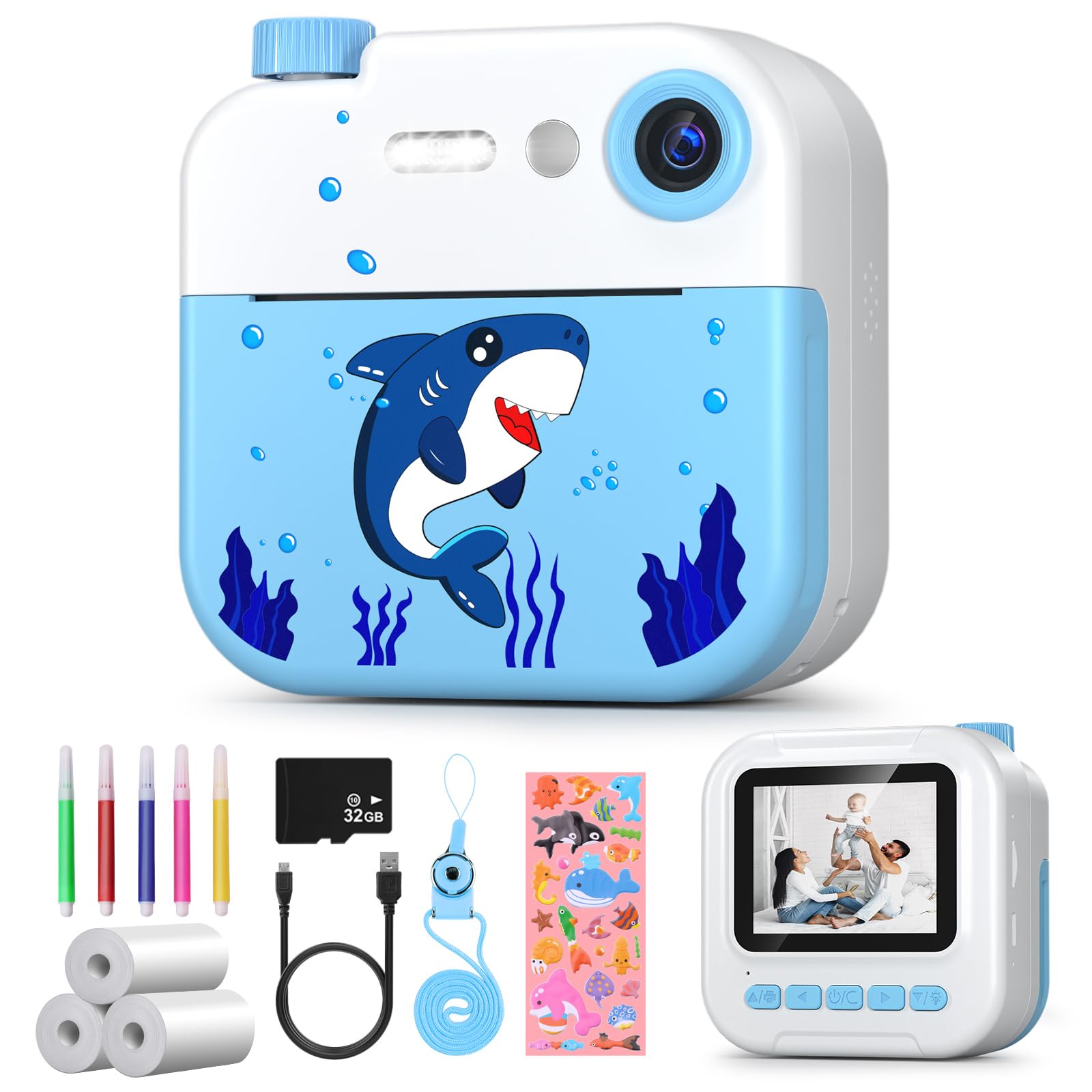 Kaishengyuan2.4 Inch 1080P Children's Digital Camera with 32 GB SD Card and Printing Paper, Instant Camera for Children from 3 to 14 Years Gift (Blue)