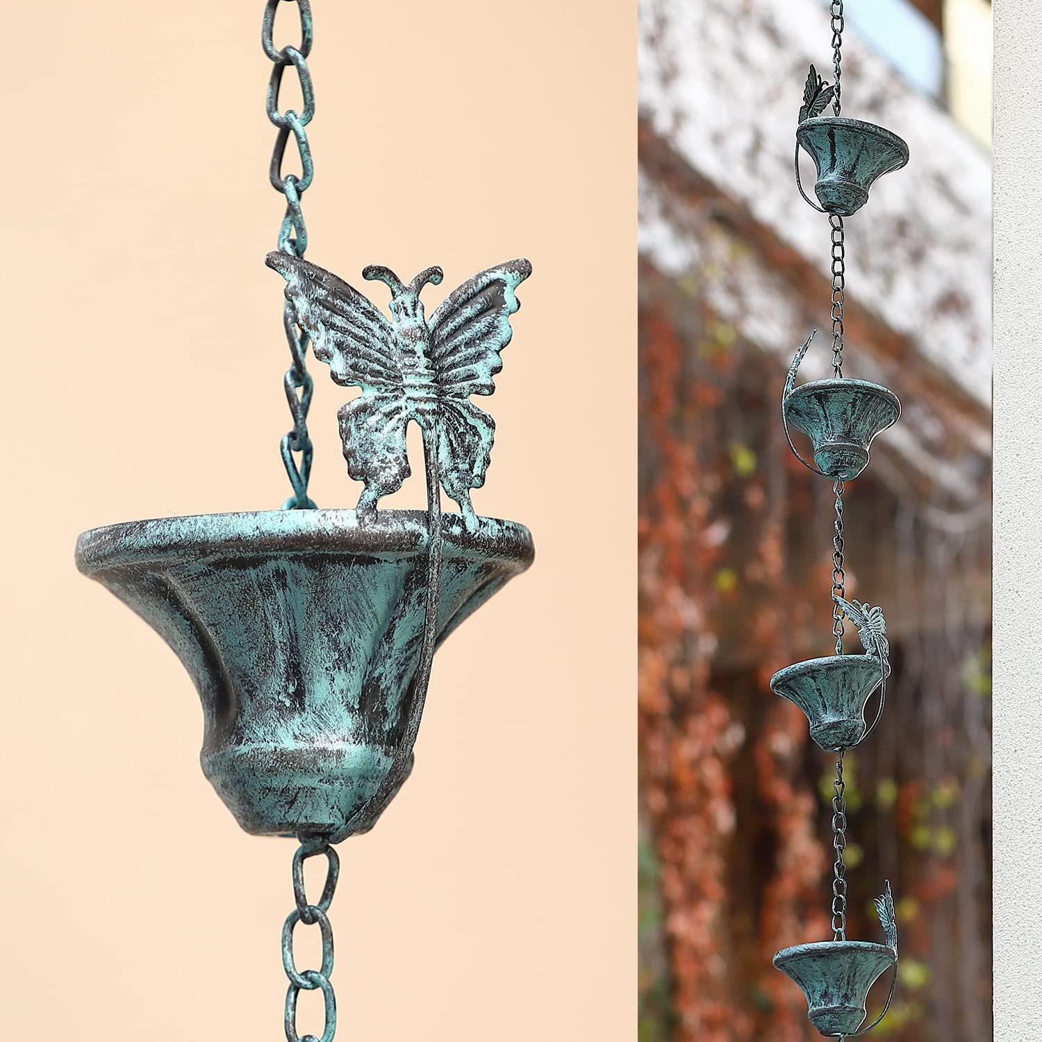 Retrome Metal 8-1/2 Feet Length Butterfly & Cup Rain Chains, Replacement Downspout for Gutters, Distressed Blue