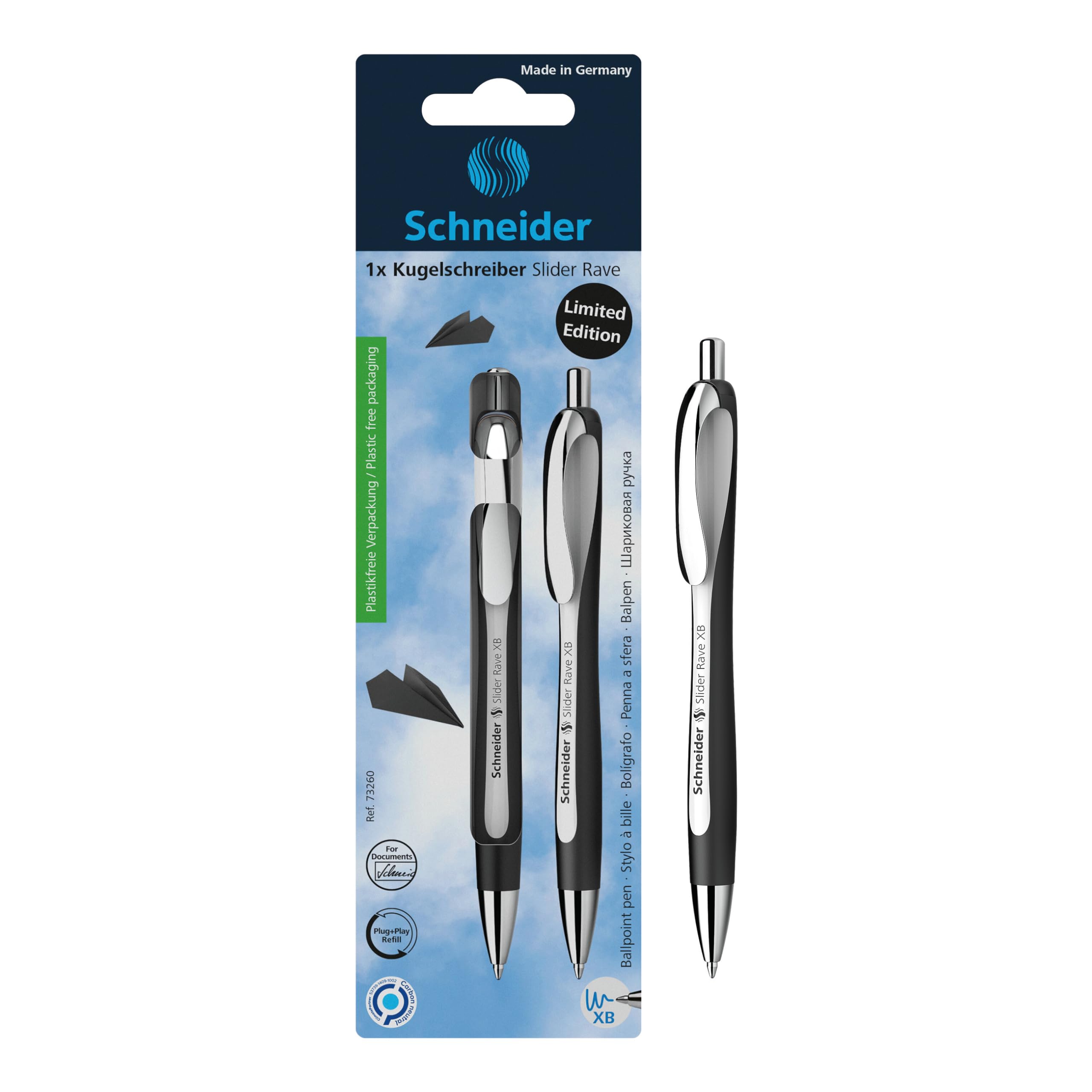 Schneider® Limited Edition Slider Rave Black, XB (Extra Broad) Ballpoint Pen, Refillable + Retractable, 1.4 mm, White-Black Barrel, Blue Ink, Blister Pack of 1 Pen (73260)