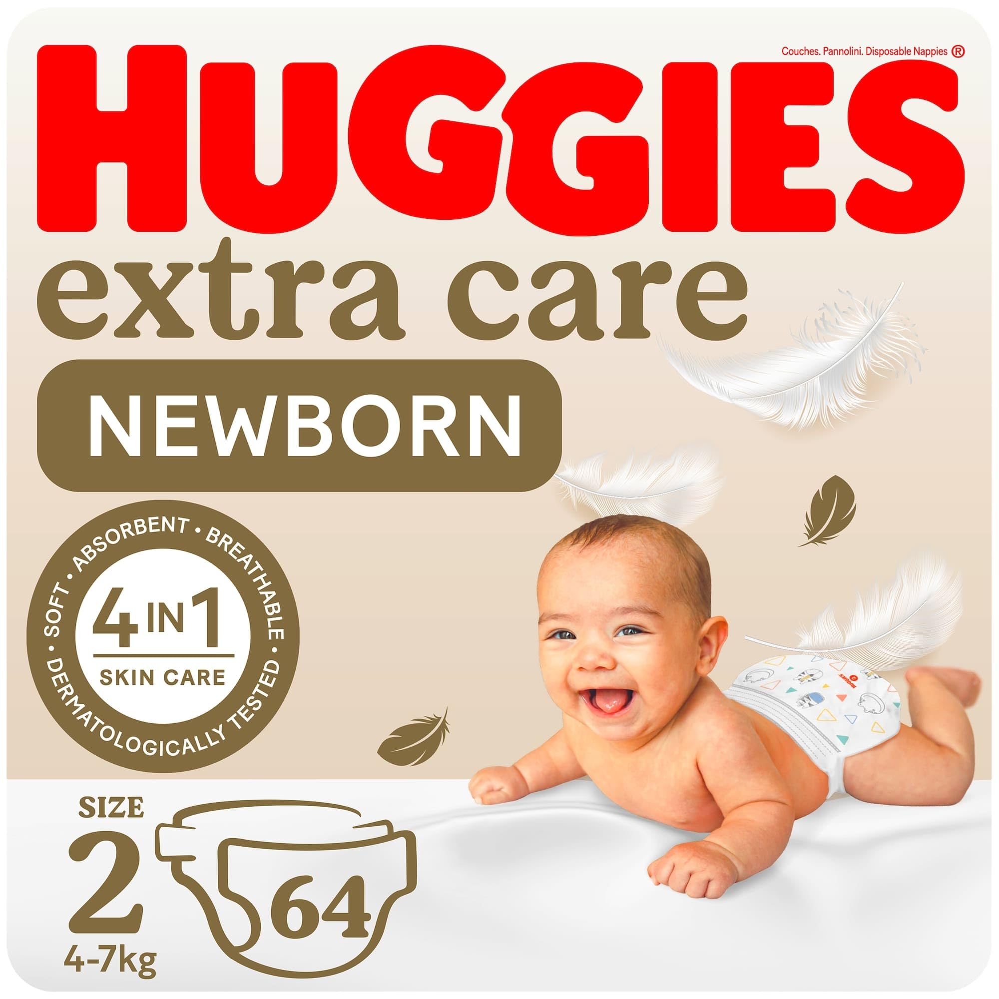 Huggies Extra Care Newborn, Size 2, 4 - 6 kg, Jumbo Pack, 64 Diapers