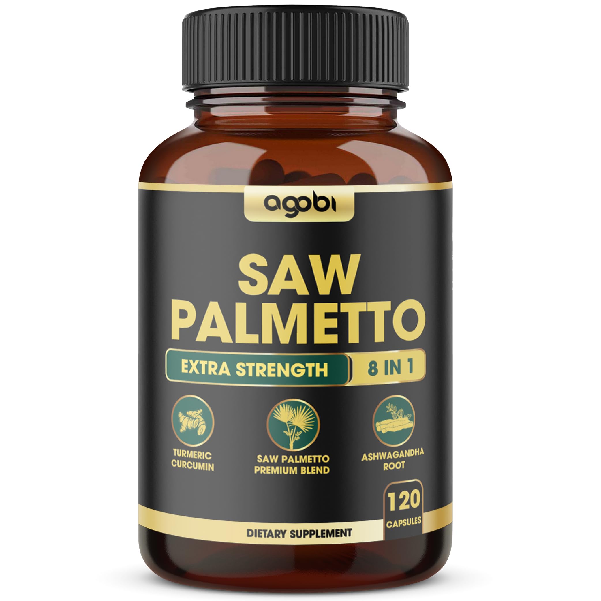 Saw Palmetto Prostate Support Supplement 8in1 Equivalent 4650mg with Ashwagandha, Turmeric Curcumin, Ginger, Nettle Leaf, Holy Basil & More - 120 Capsules