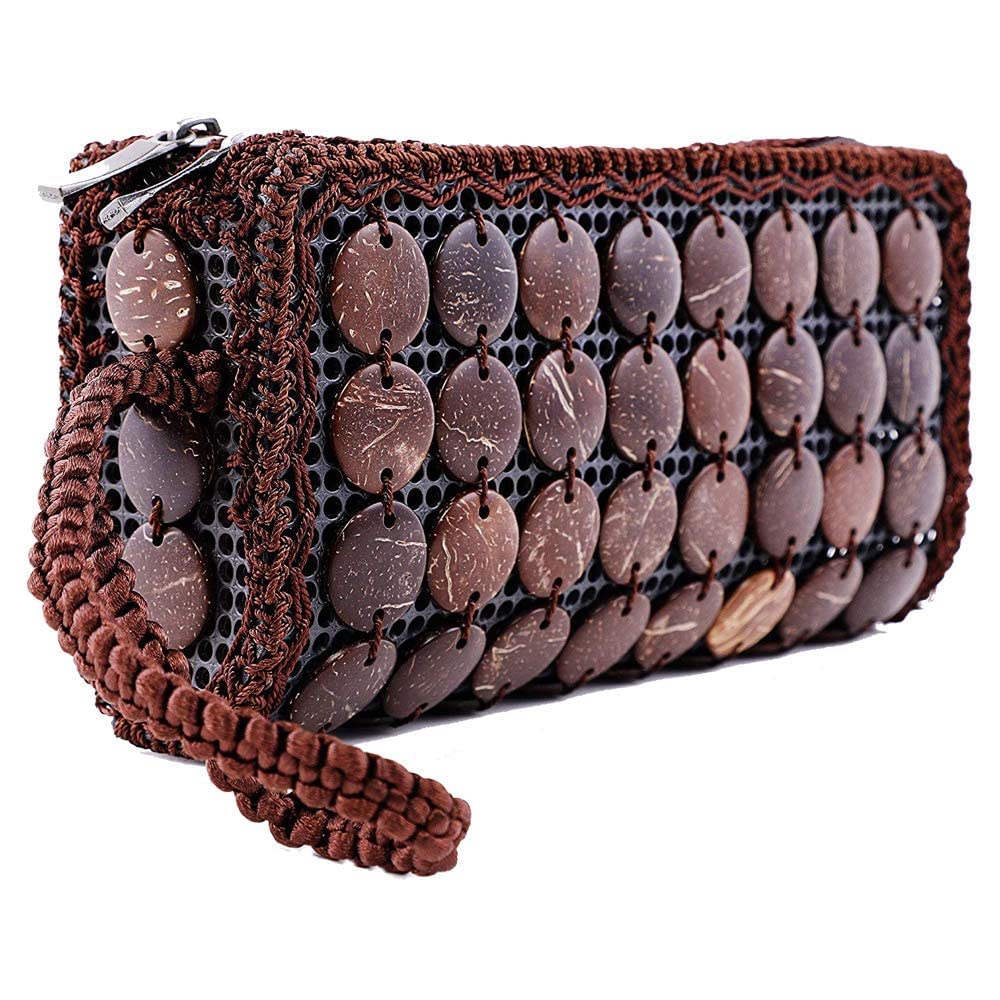 KINGSMAN STORECoconut Shell Beaded Clutch for Women | Wristlet Strap Pouch | Handmade Wallet | Natural Style Purse | Size: 7.5 x 2 x 3.5 inches, Brwon