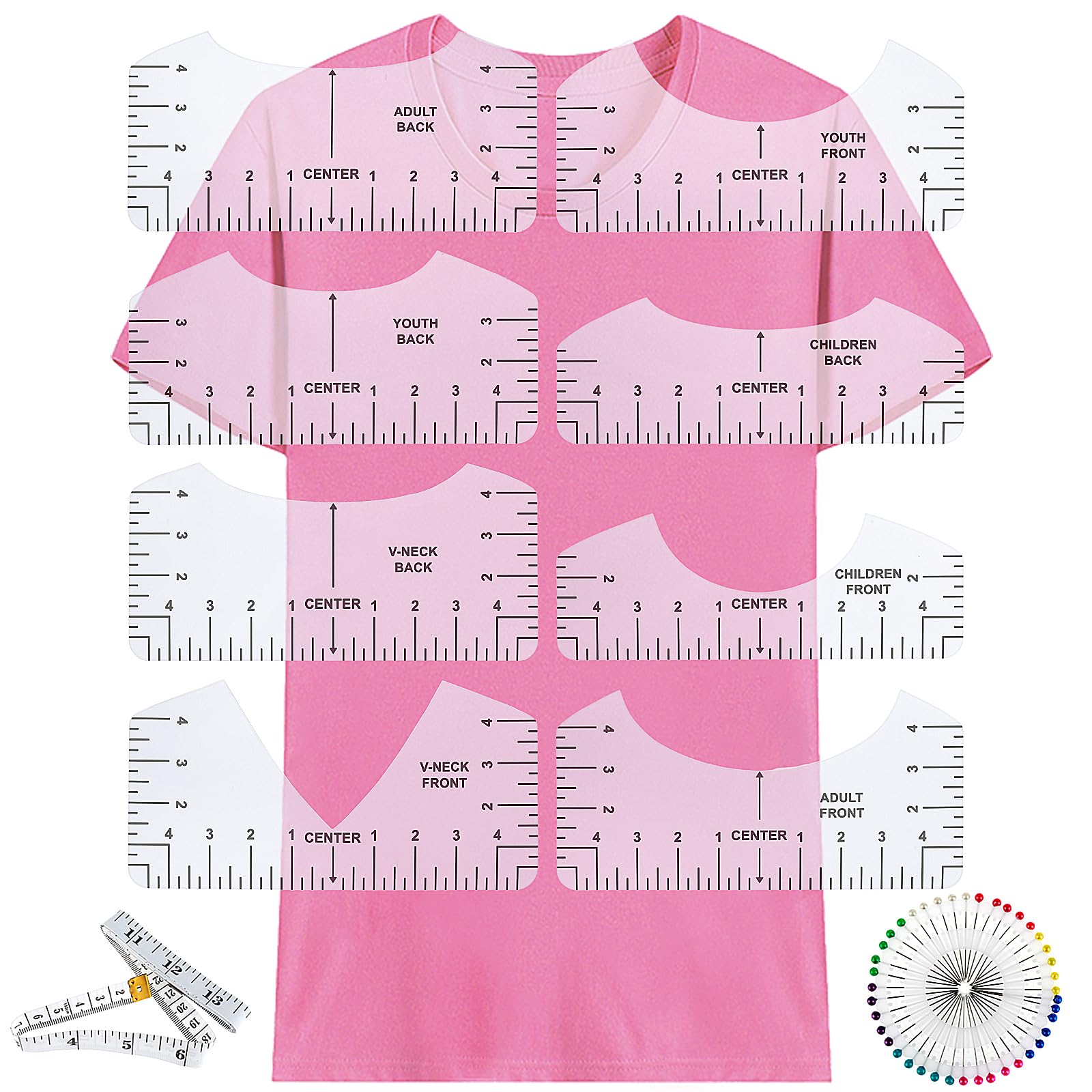 WLLHYF 8 PCS T-Shirt Ruler Guide Tshirt Measurement Tools T shirt Rulers Designs PVC Heat Press Accessories for Vinyl Alignment, Acrylic Ruler for All Size