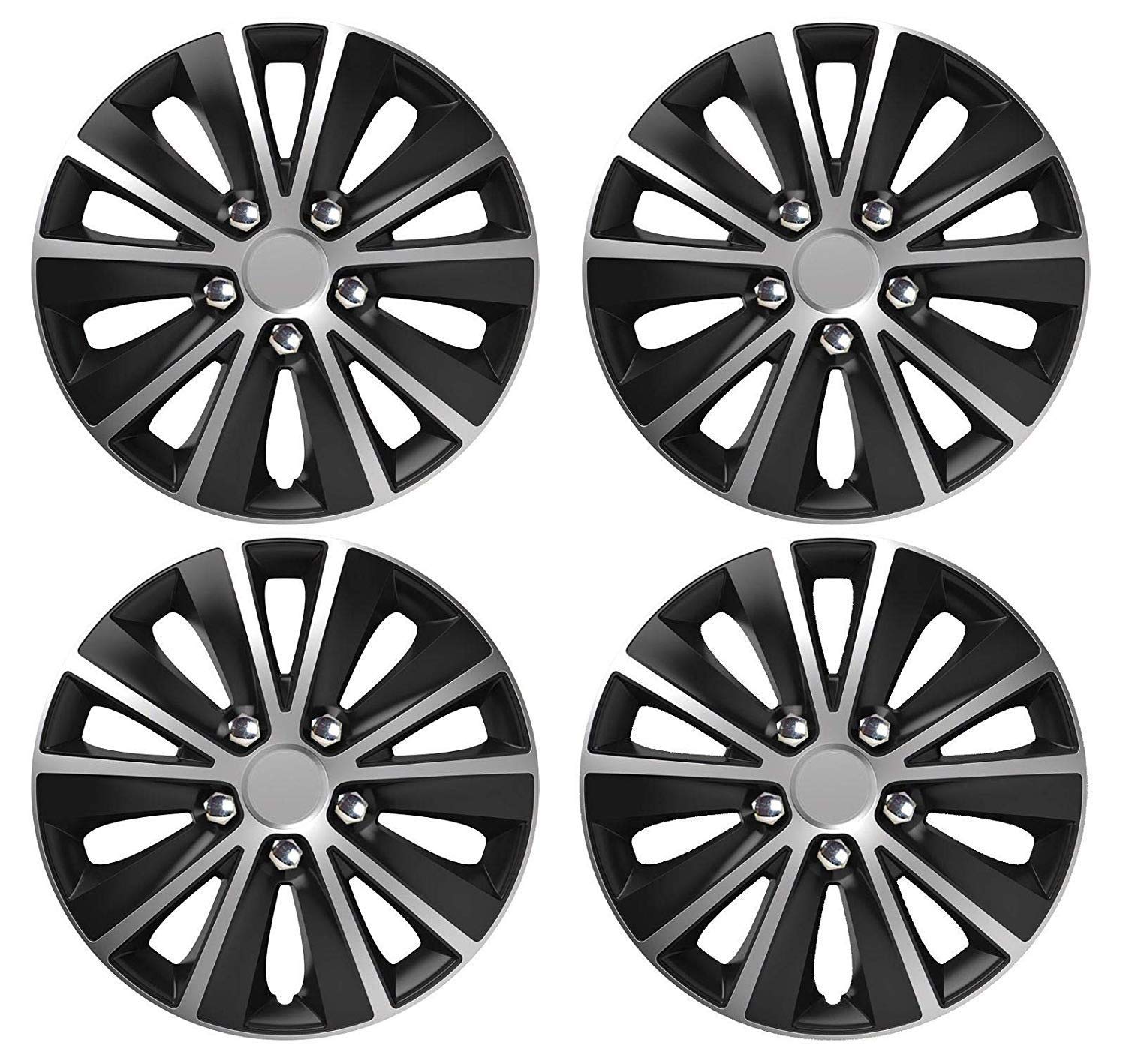 UKB4C 13" 14" 15" 16" Alloy Look Black & Silver Stripe Multi-Spoke Wheel Trims Hub Caps Covers Protectors (15")