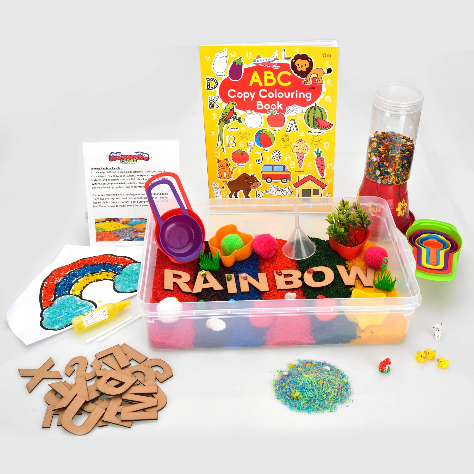 Awesome Place- The Parent BREAK Rainbow Sensory Play Toy For Kids Diy Kit For Creative,Learning,&Fun|Sensory Grains,Various Miniatures,Alphabets,Craft Book|Ideal Birthday/Return Gifts For Toddlers 2+