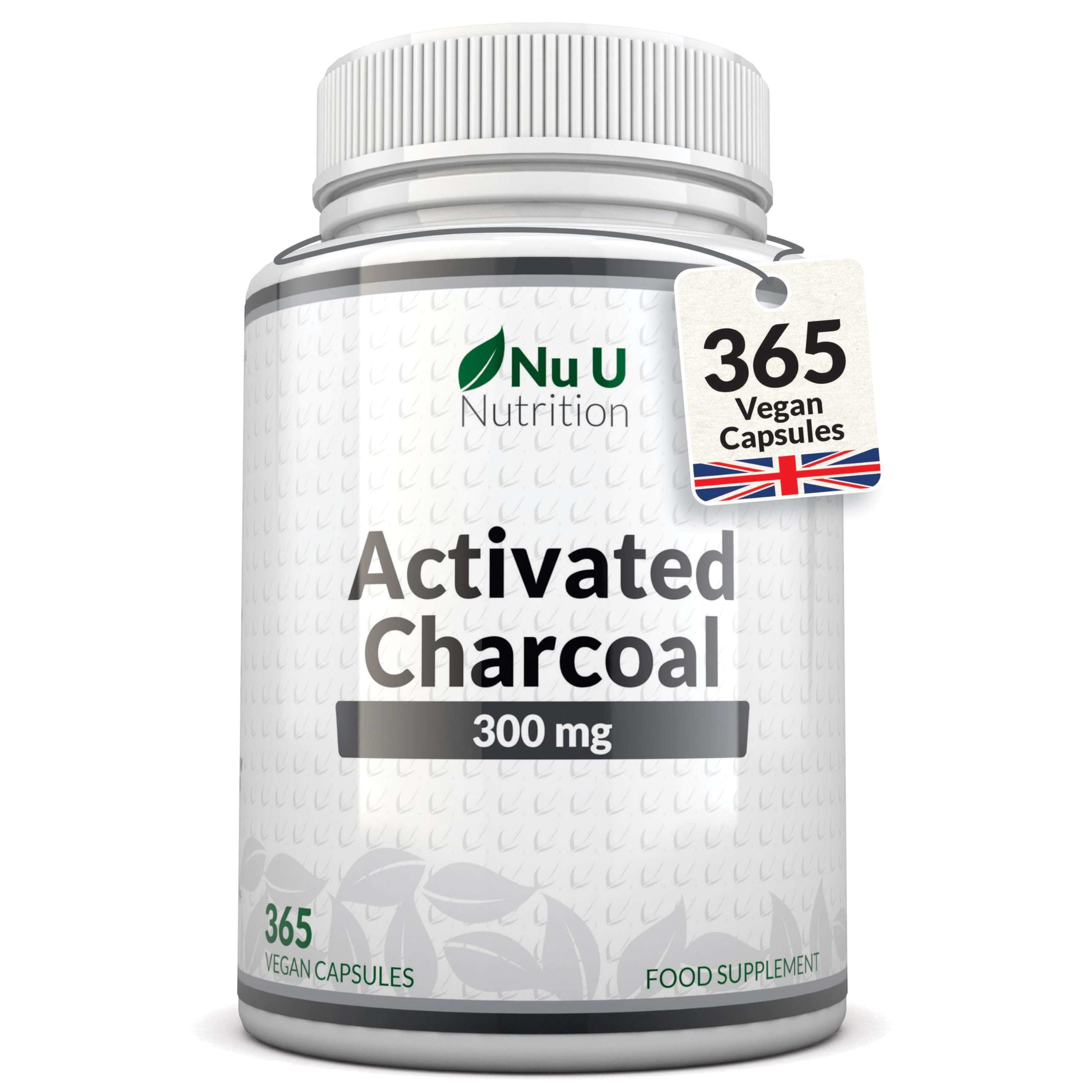 Activated Charcoal 300mg - 365 Vegan Capsules (not Tablets) - 1 Year Supply - High Strength Activated Charcoal Supplement - Made in The UK - Nu U Nutrition