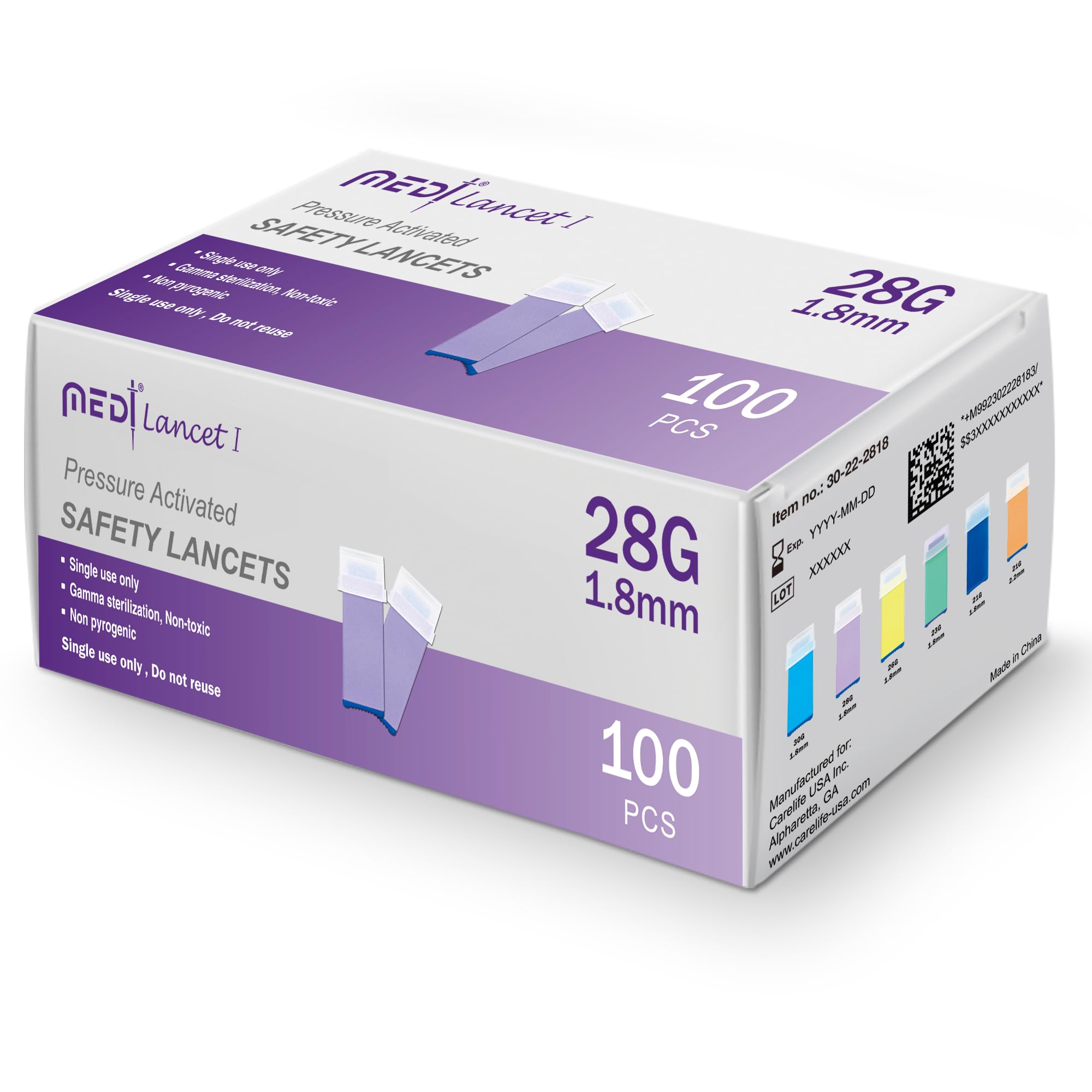 Pressure Activated Safety Lancets 28G x 1.8mm - Gamma Ray Sterilized, Ideal for Blood Testing, Single Use and Gentle for Comfortable Testing - Pack of 100