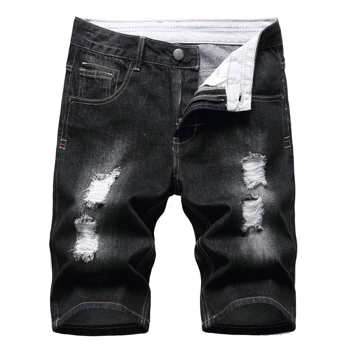 HiLY Men's Casual Ripped Denim Shorts Stylish Distressed Straight Leg Jeans Shorts