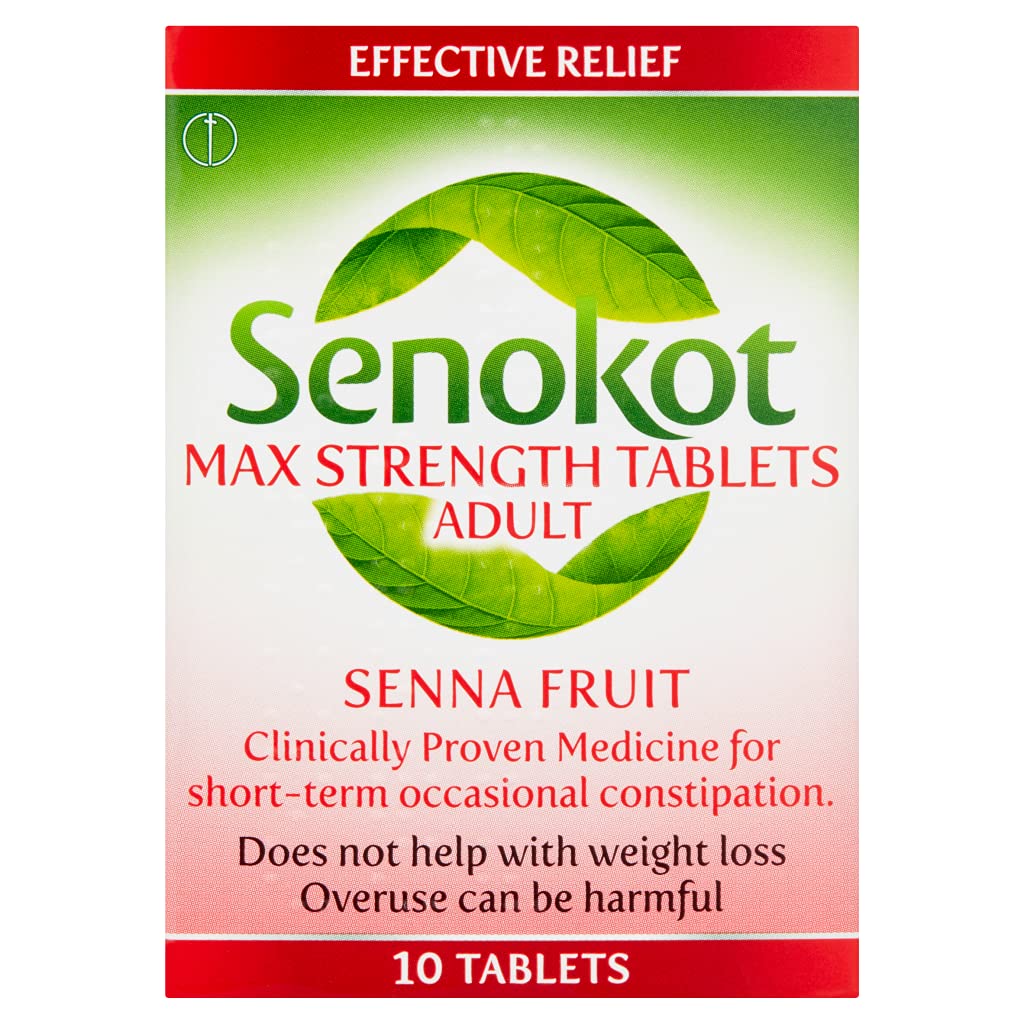 SenokotMax Strength, Senna Fruit, 10 Tablets, Constipation Relief for Adults, Effective Laxative, Stool Softener, Senna, Overnight Relief, Works Naturally, Laxatives, Digestion and Nausea