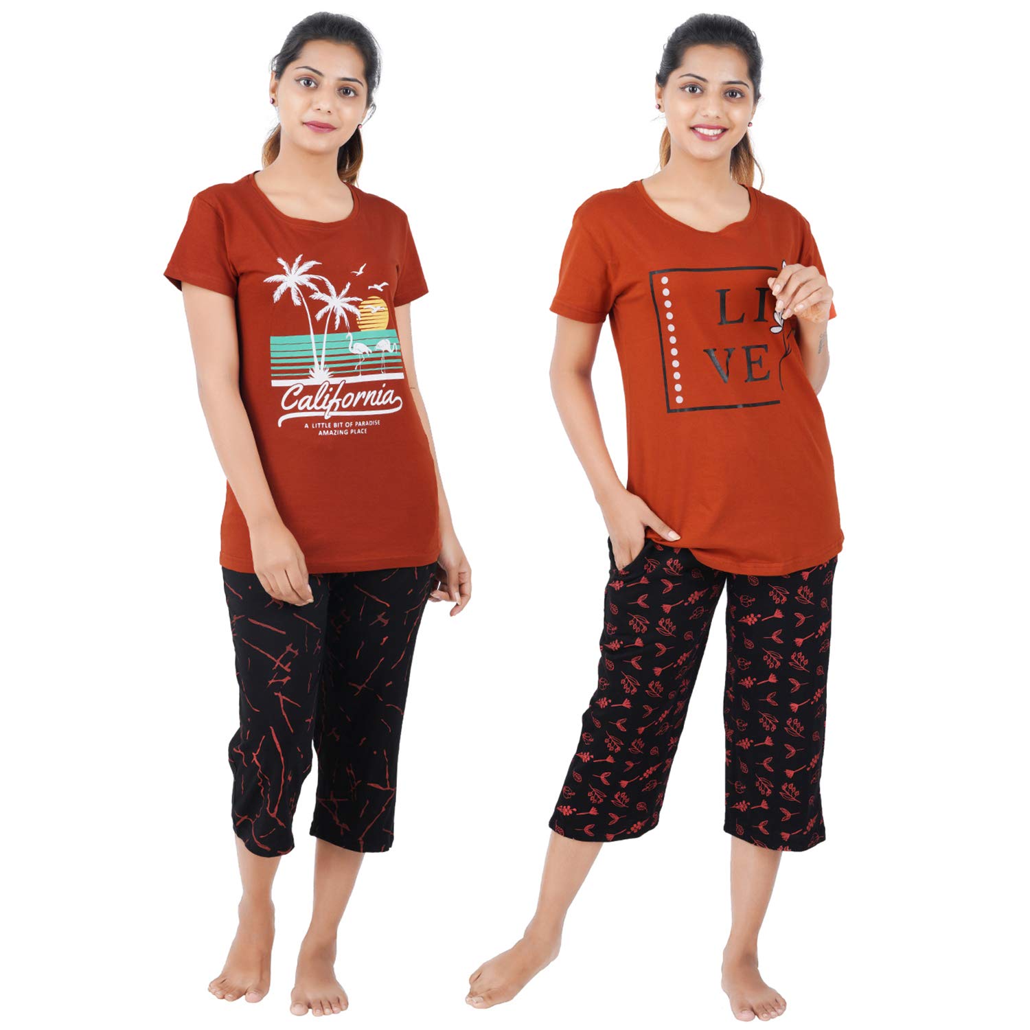 Buy That Trendz Women's Cotton Printed Top and All Over Print Capri Pyjama Set/Pajama Night Suit Set/Sleep wear Set/Loungewear Set Cool Cat Navy Dreams Red Combo Pack of 2