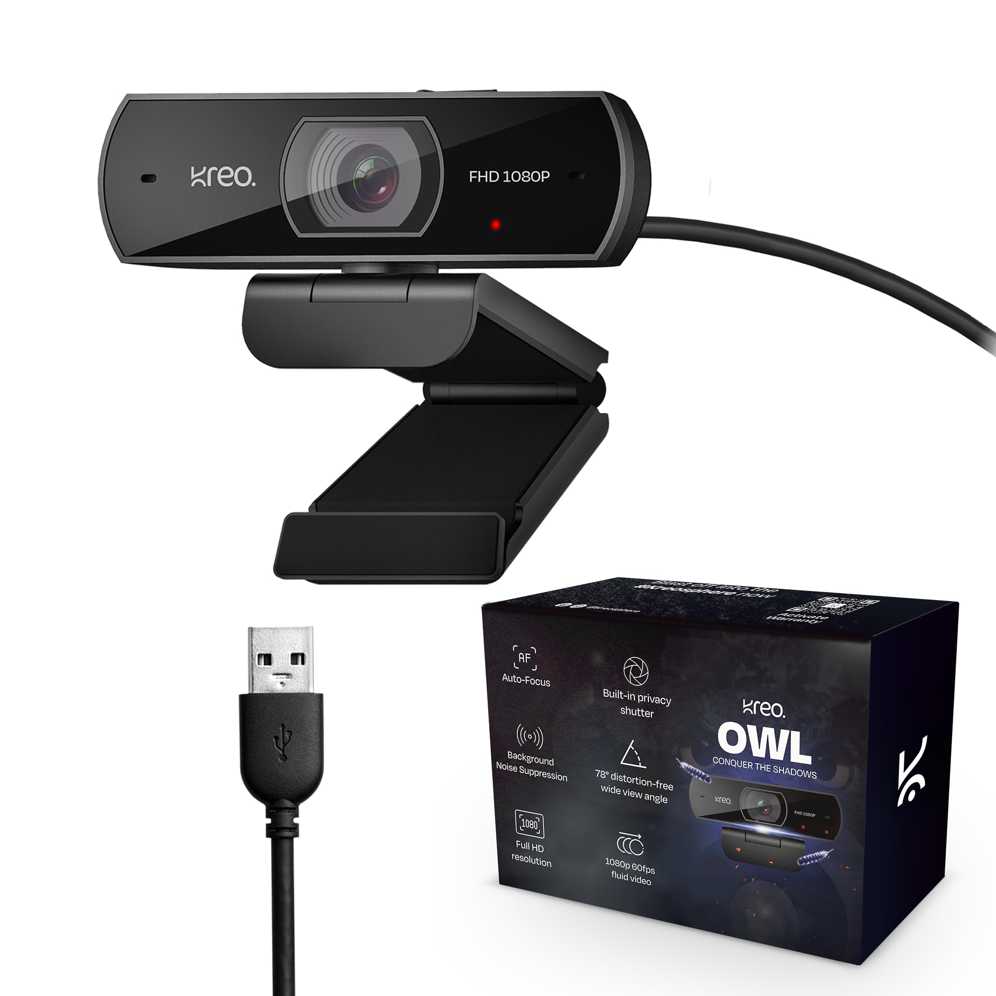 Kreo Owl Full HD 1080P 60 FPS Webcam with Auto-Focus and Built-in Dual Digital Mic, Plug and Play Setup for Video Call, Streaming, YouTube and More, Built-in Privacy Shutter with 360 Rotation