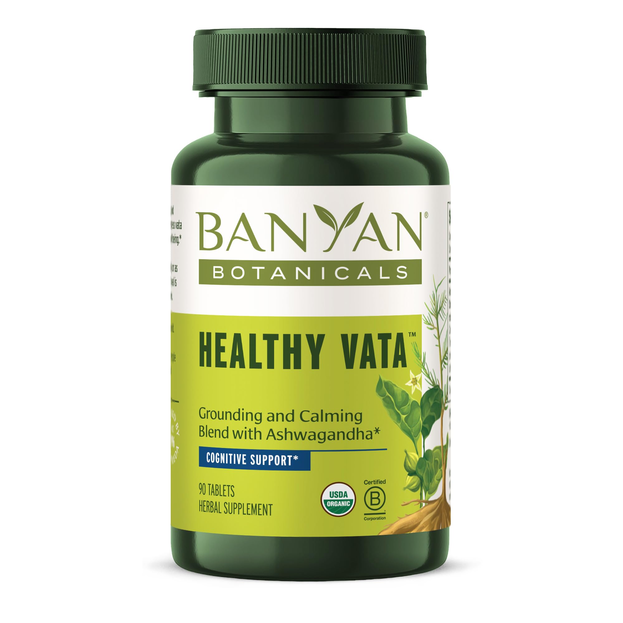 Banyan BotanicalsHealthy Vata – Organic Herbal Supplement with Ashwagandha, Shatavari & Other Ayurvedic Herbs for Calm and Balanced Well-being* – 90 Tablets – Non-GMO Sustainably Sourced Vegan