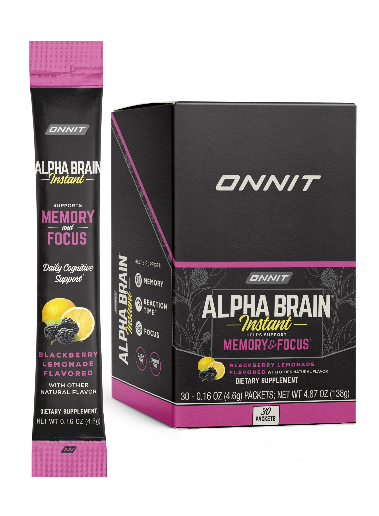 ONNIT Alpha Brain Instant - BlackBerry Lemonade Flavor - Nootropic Brain Booster Memory Supplement - Brain Support for Focus, Energy & Clarity-Alpha GPC Choline, Cats Claw, L-Theanine, Bacopa - 30ct