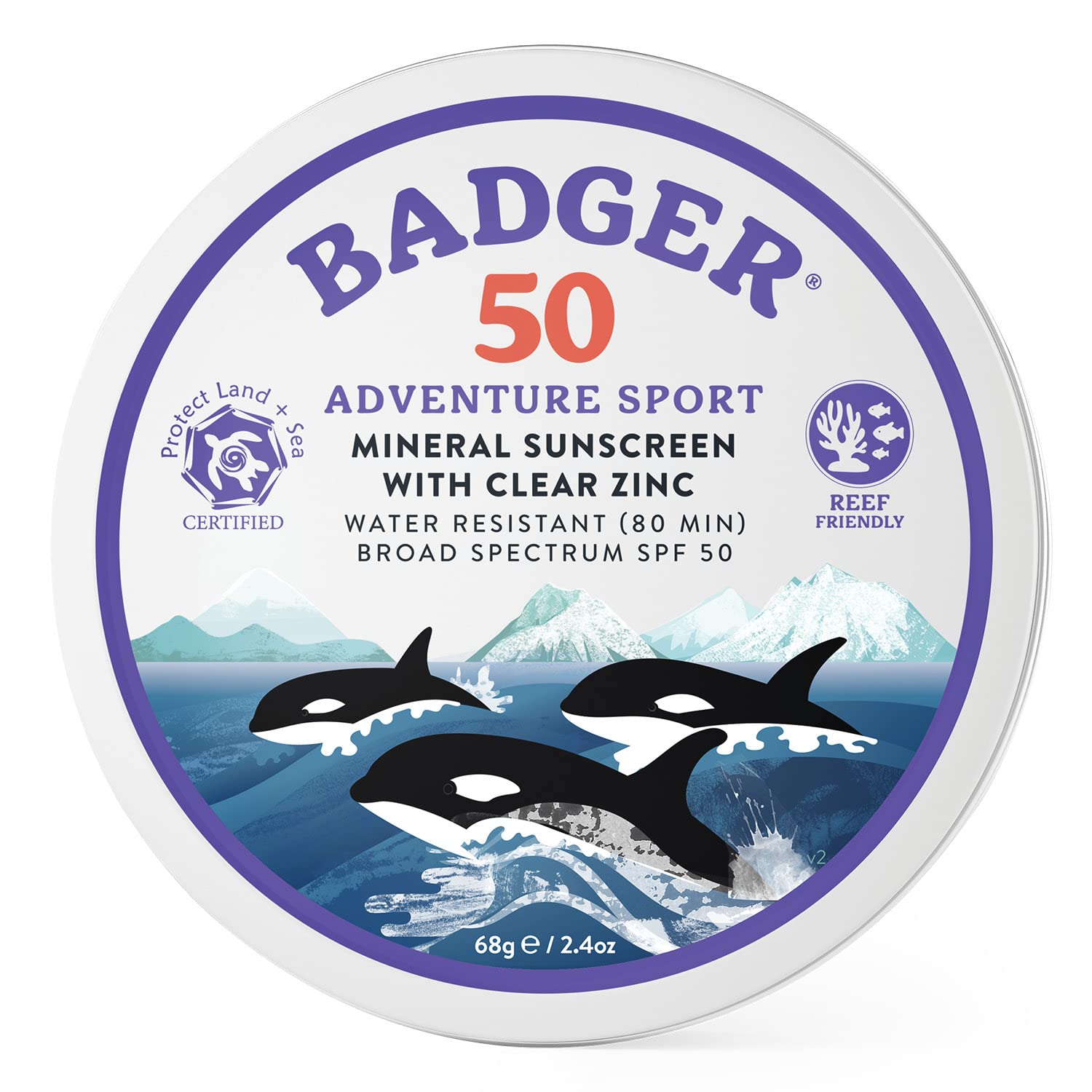 BadgerBiodegradable Sunscreen in Metal Tin, SPF 50 Zinc Oxide Sunscreen with 98% Organic Ingredients, Reef Safe, Broad Spectrum, Water Resistant, Unscented, 2.4 oz