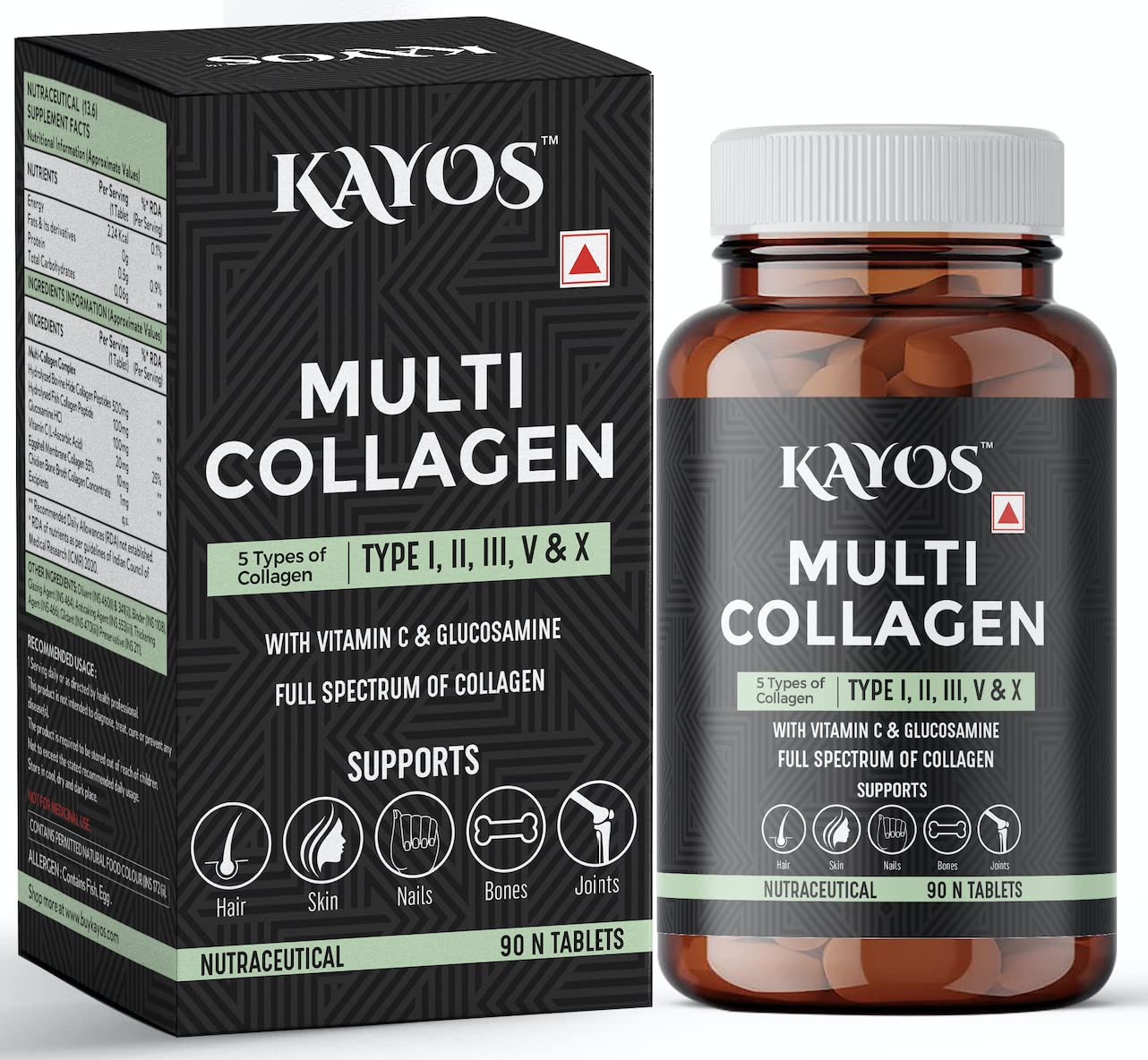 KAYOS Multi Collagen, 90 Tablets |Collagen Peptides Type I, II, III, V & X â€“ Bone & Joint Support Hair Skin Nail Supplement for Men and Women â€“ Vital Protein Collagen with Vitamin C, Glucosamine