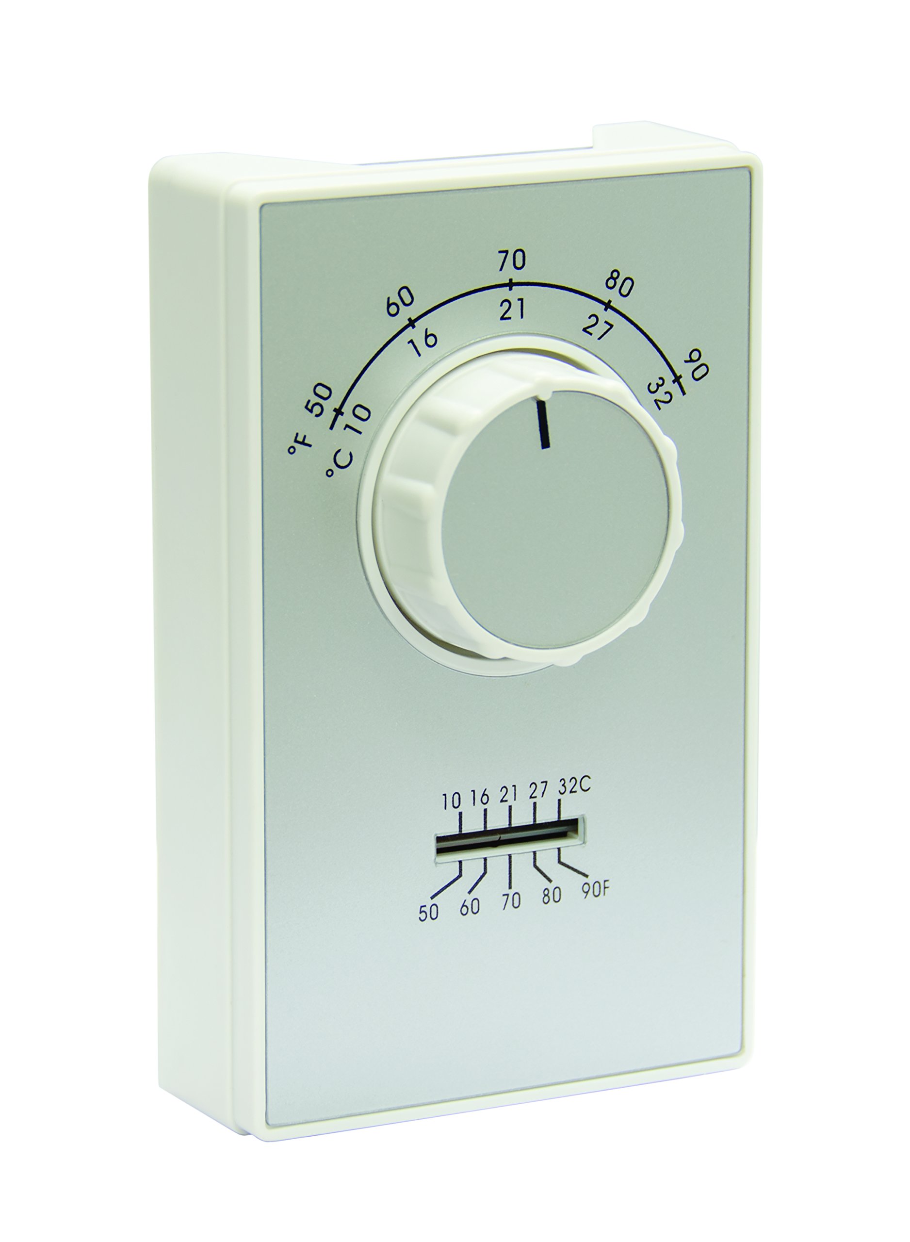 TPI Corporation ETD9STS Line Voltage Wall Mount Thermostat, Single Pole, Heat/Cool, 50-90 Degree Temp Range, Thermometer on Face Plate, Fahrenheit or Celsius, White