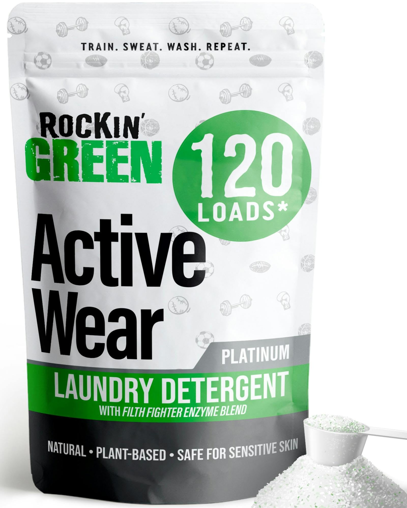 Rockin' Green Laundry Detergent, Plant based, All Natural Laundry Detergent Powder, Vegan and Biodegradable Odor Fighter, Safe for Sensitive Skin (Active Wear 120 Loads - Unscented)