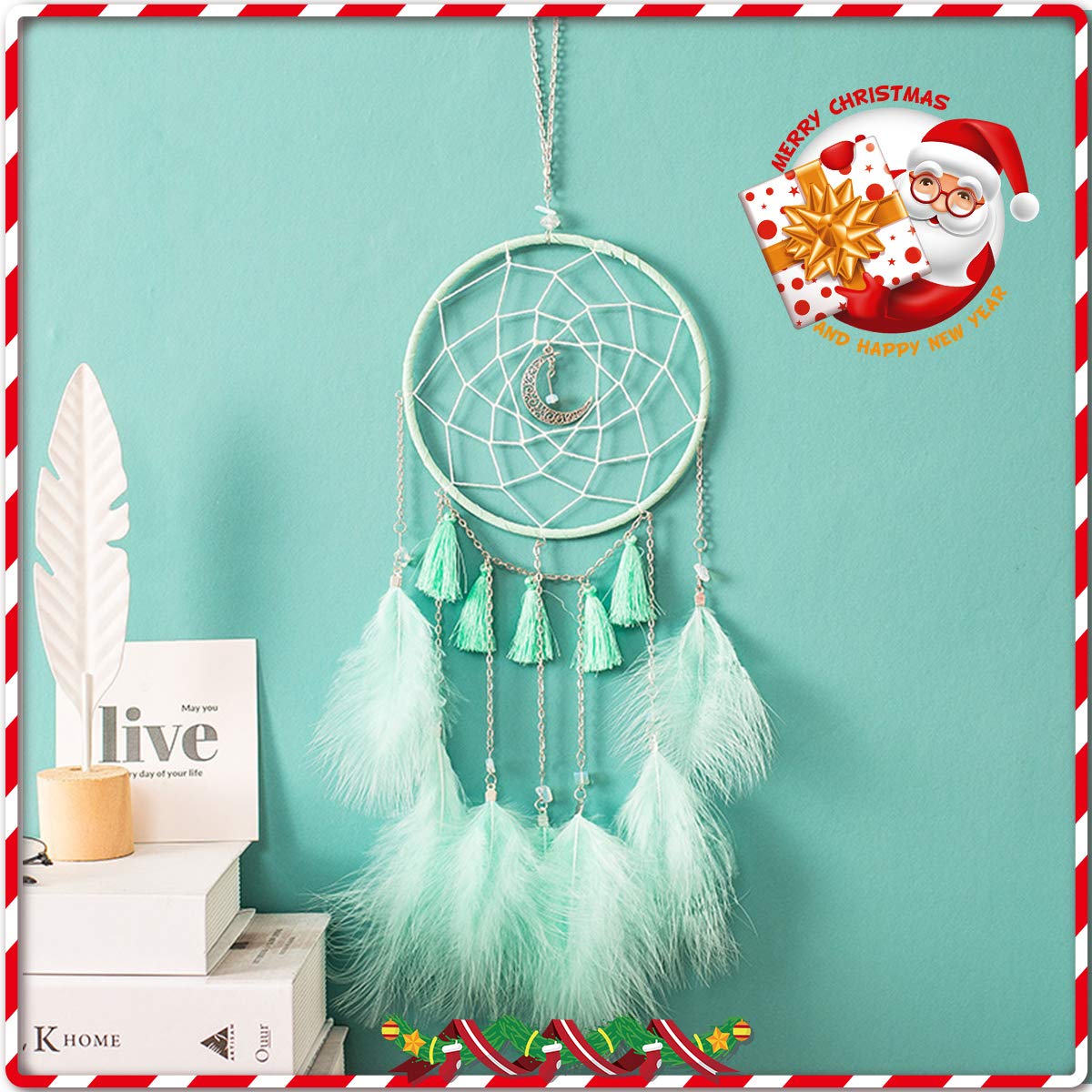 4inloveme Pure Handmade Dream Catcher Beautiful Moon Star Native American Dream Catchers Authentic Pretty Dreamcatchers for Home Wall Hanging Decoration Wedding Decoration Craft (Green)