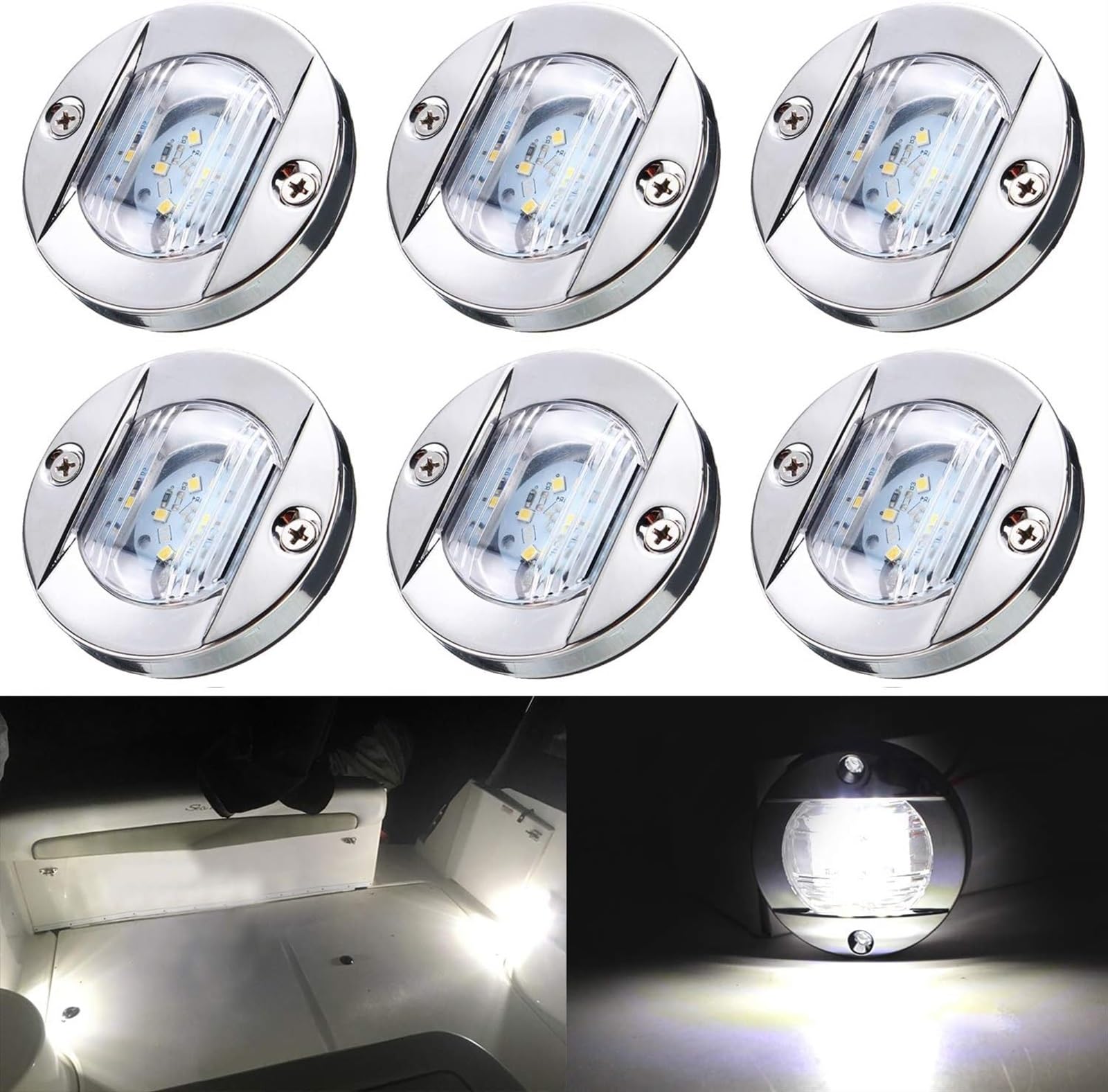 THE WHITE SHOP 6Pcs 3 Inch Round Marine Boat Light 12 LED Navigation Transom Cabin Cockpit Stern Anchor Light, IP68 Submersible, Courtesy Deck Light for Pontoon Fishing Boat Kayak Sailboat (Color : W