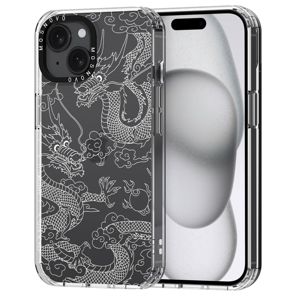 MOSNOVO Compatible with iPhone 15 Plus Case, [Buffertech 6.6 ft Drop Impact] [Anti Peel Off Tech] Clear TPU Bumper Phone Case Cover with White Dragon Designed for iPhone 15 Plus 6.7"