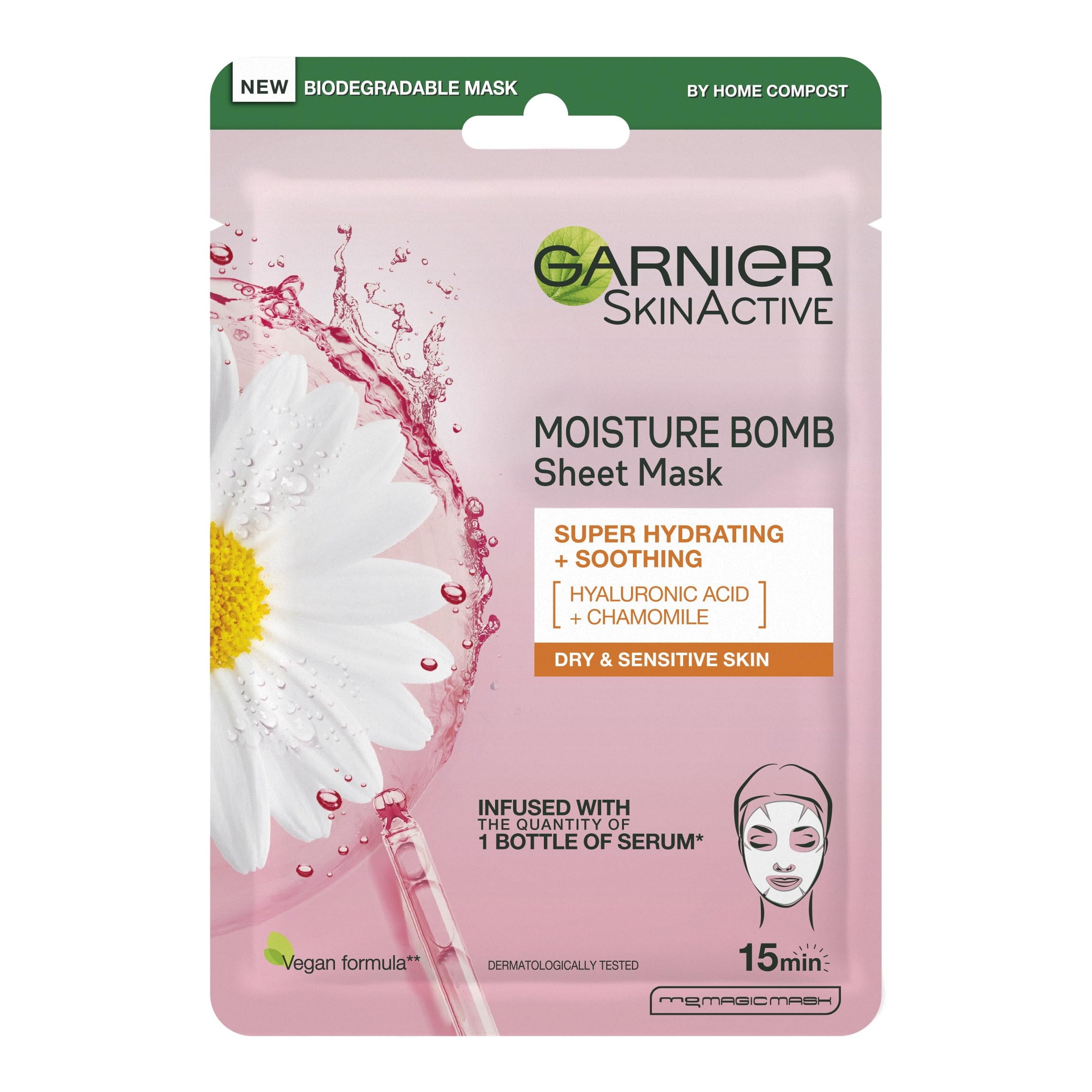 Garnier Moisture Bomb Chamomile And Hyaluronic Acid Sheet Mask, Hydrating & Soothing Face Mask, For Sensitive Skin, Biodegradable And Vegan Tissue, 28 G