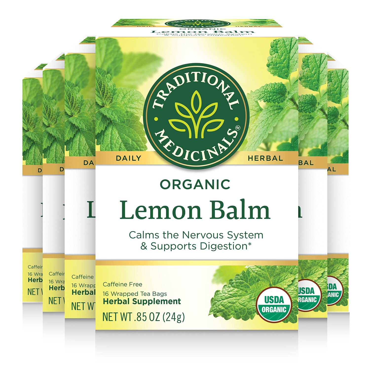 Traditional Medicinals - Organic Lemon Balm Herbal Tea (6 Pack) - Stress Relief & Supports Digestion - 96 Tea Bags Total