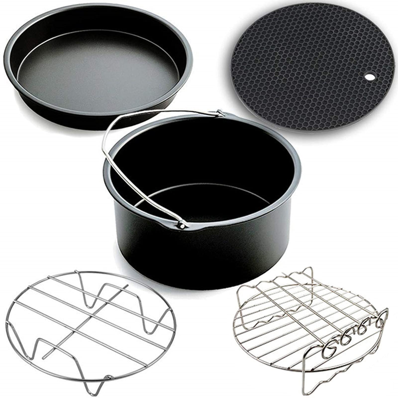 SKEIDO 7Inch 5pcs/Set Air Fryer Accessories Kit Pizza Pan Cake Barrel Metal Holder Cooking Tools Suitable for Making French Fries A Pizza or Pancakes