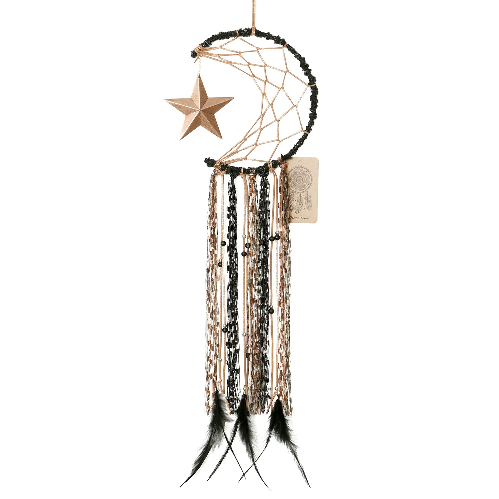 Dremisland Moon Dream Catcher Handmade Half Circle Moon Design Dream Catcher Feather Hanging with Star Home Decoration Ornament Festival Gift (Brown)