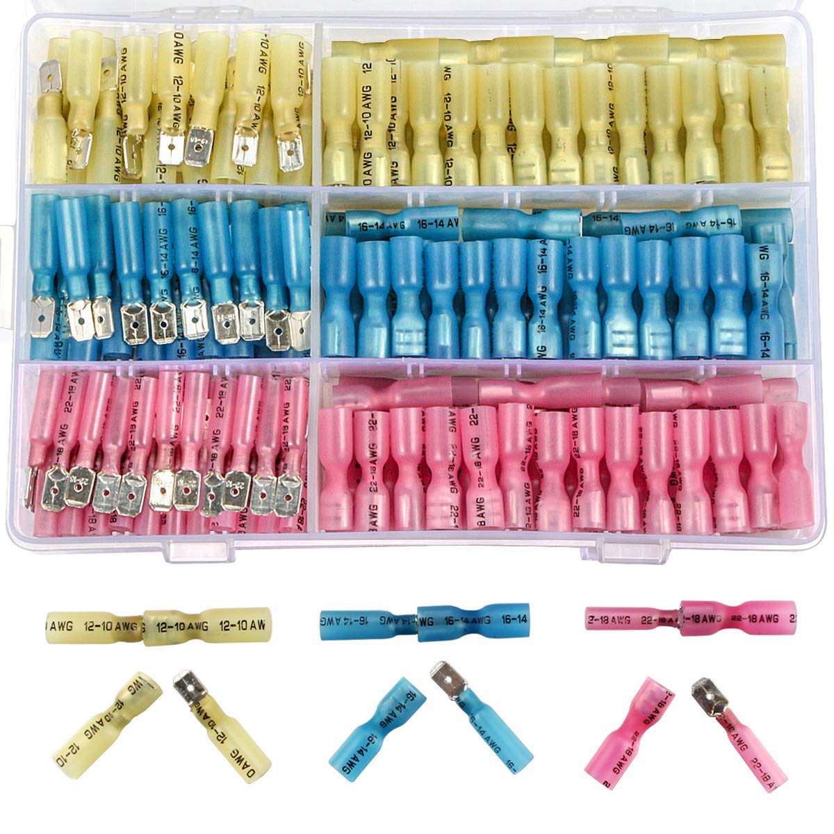 Sopoby 220pcs Wire Spade Connectors, Waterproof Heat Shrink Female Male Terminals Fully-Insulated Electrical Crimp Kit