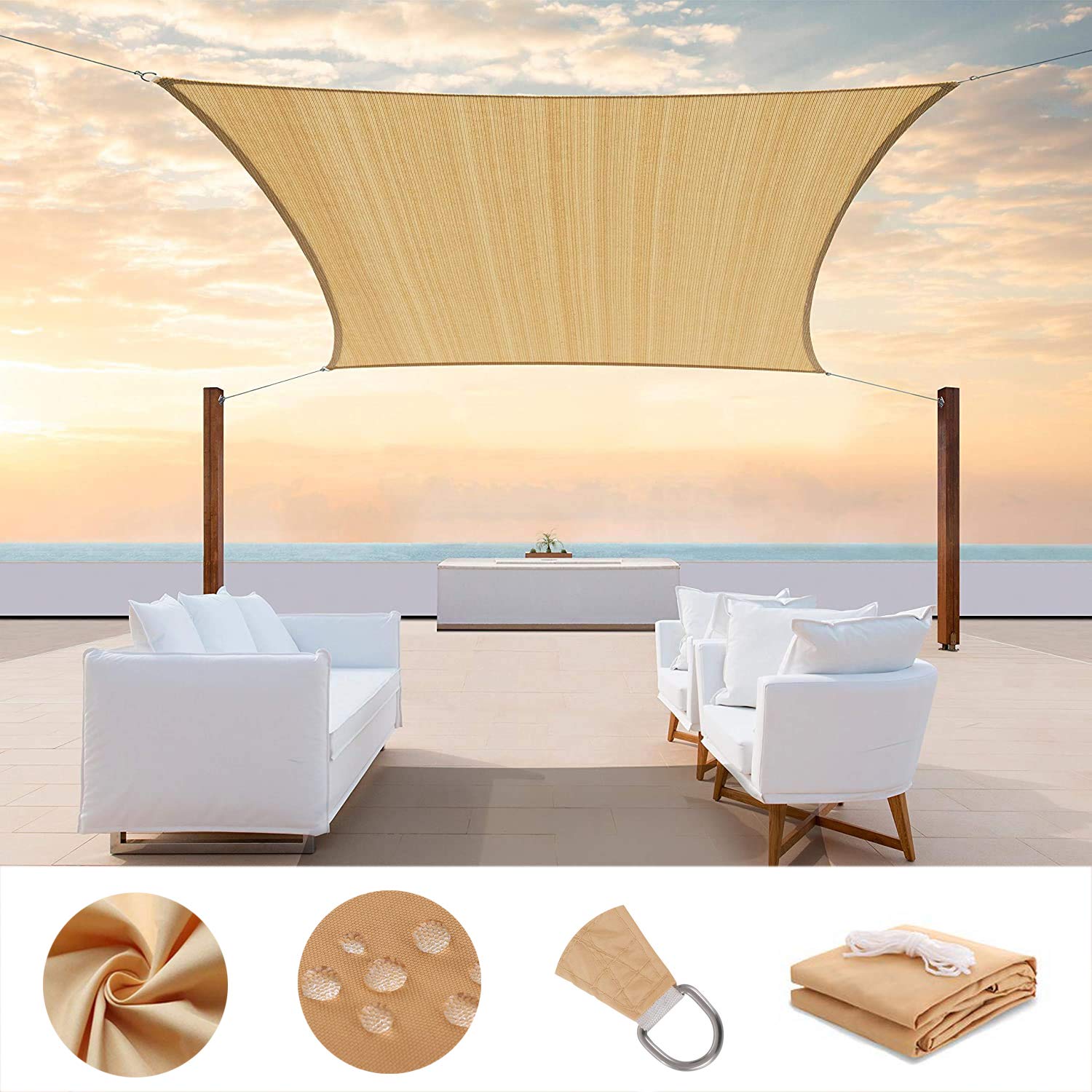 PA Sun Sail Shade Square Waterproof Outdoor UV Protection Summer Cool Party Beach Leisure Awning Canopy For Garden With 4 Tie Ropes Outdoor Patio Carport Facility and Activities (Sand Beige,5 x 5 m)