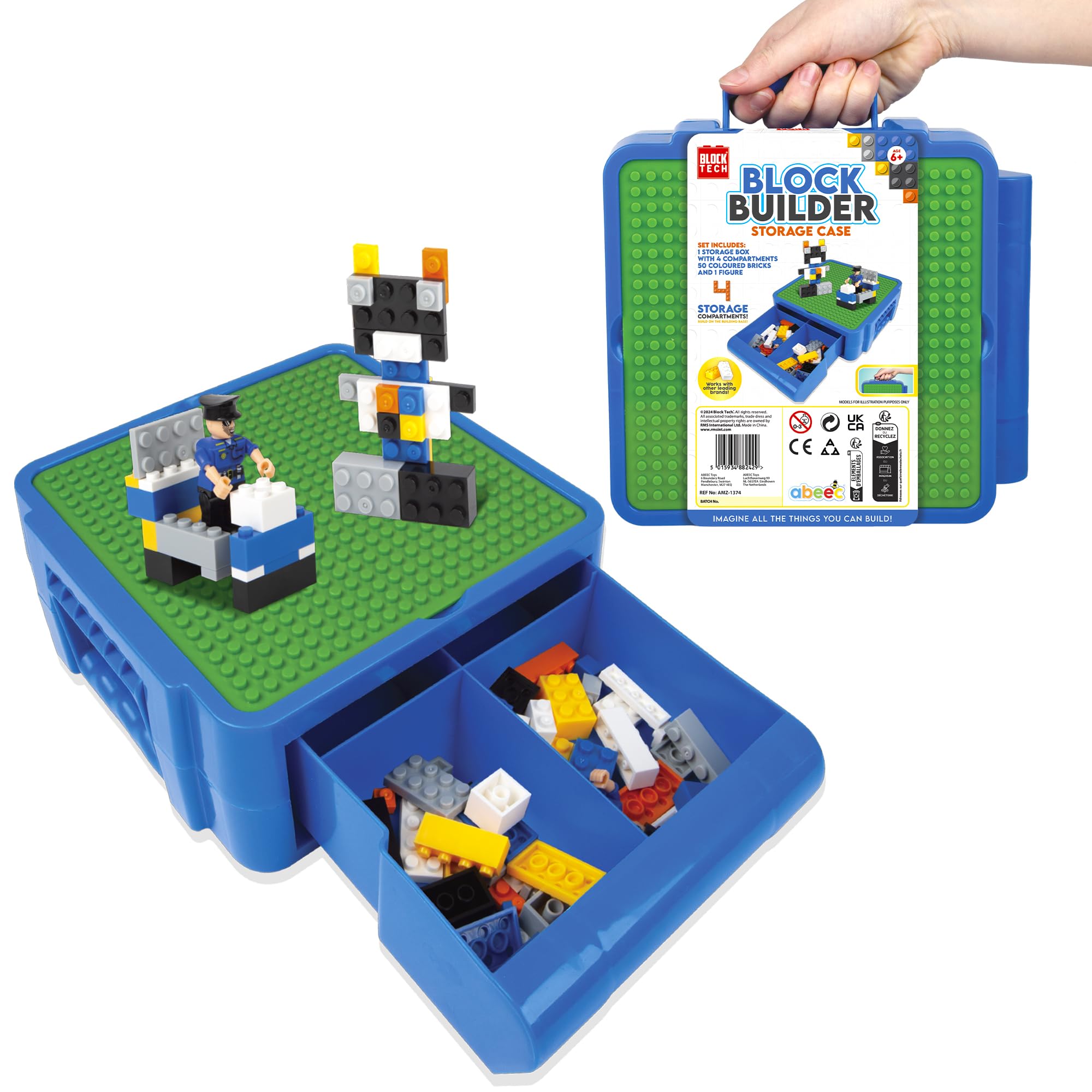 abeecBuilding Brick Storage Case Block Tech, Compatible With Other Leading Brands Includes 50 Bricks, Base Plates, Carry Handle & Figure, Storage Case For Boys And Girls