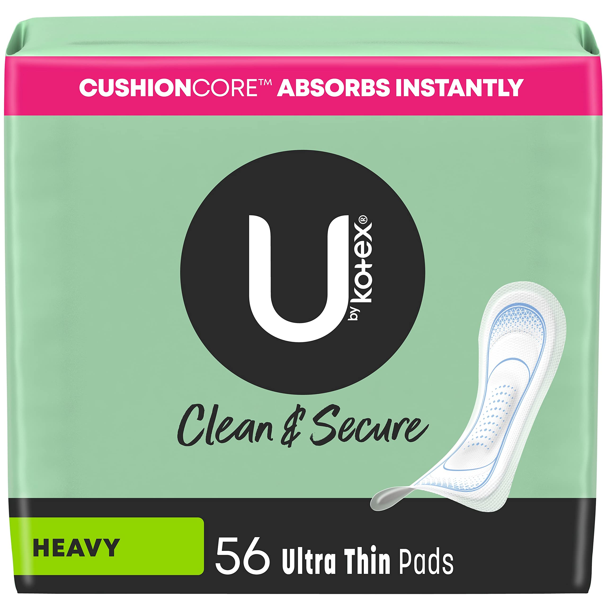 U by Kotex Ultra Thin Pads, Clean & Secure, Heavy Absorbency, 56 Count (Packaging May Vary)