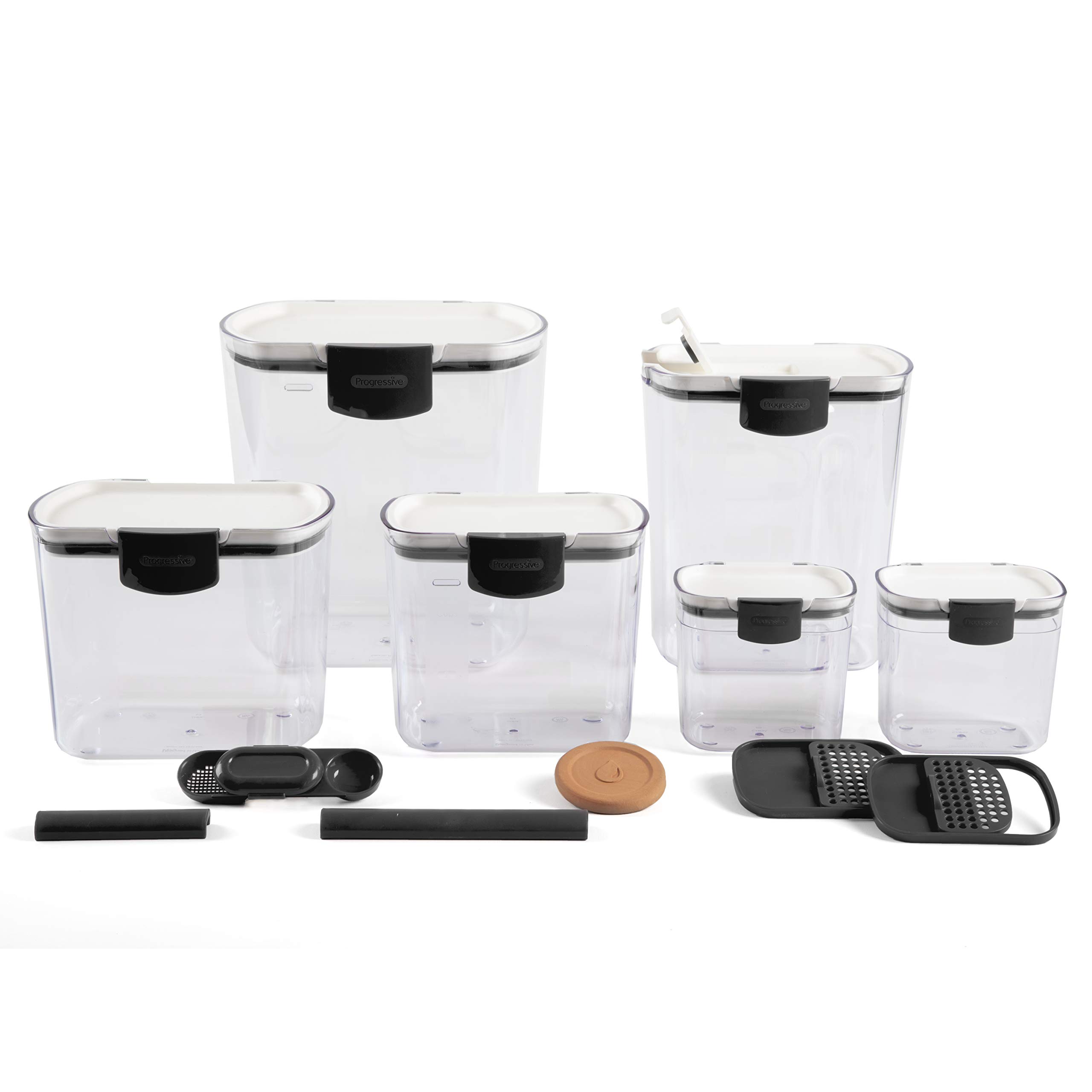 Progressive ProKeeper Baker's Airtight Kitchen Storage Canister Container Set for Flour, Sugar & More, Keeps Ingredients Fresh, with Accessories (Black Latches, 6- Piece)