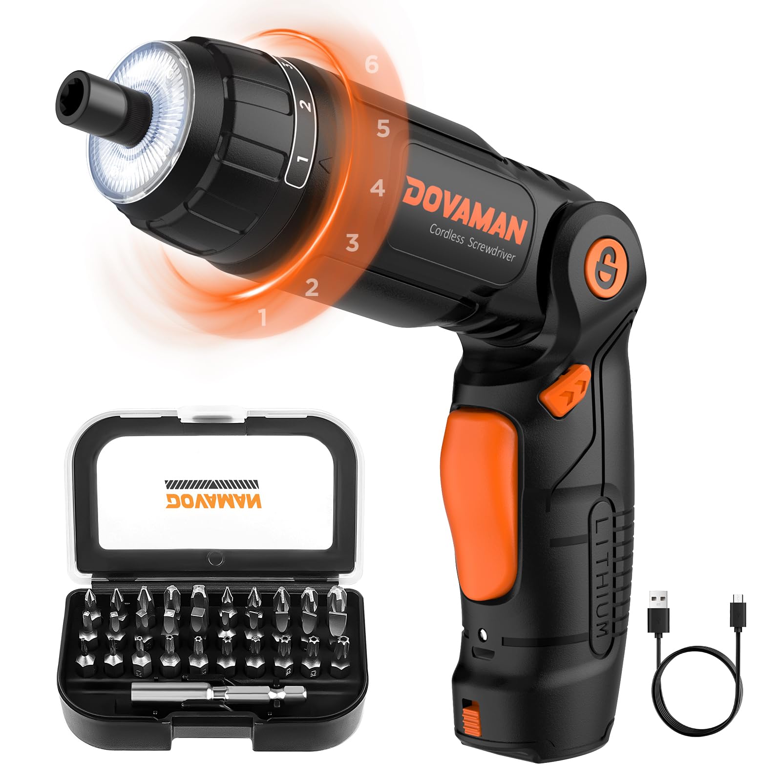 DOVAMAN DES01A Electric Screwdriver, 4V MAX Cordless Screwdriver w/ 31 Bits, 6 Torque, 3-Position Handle, Magnetic Bits Chuck, LED & Flashlight, USB Rechargeable, Power Screwdriver w/Accessories Case