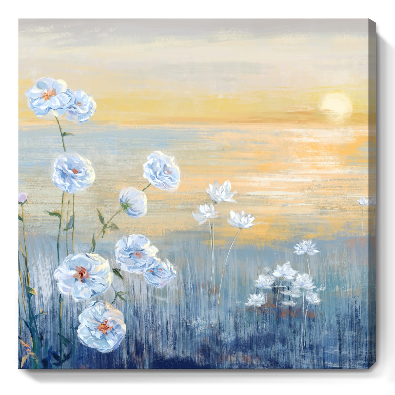 Bathroom Decor Wall Art Blue Ocean Sunset Seascape Painting Seaside Wildflowers Picture Abstract Coastal Canvas Print Natural Scenery Sunrise With Yellow Orange Sky Landscape Framed Artwork 14x14inch