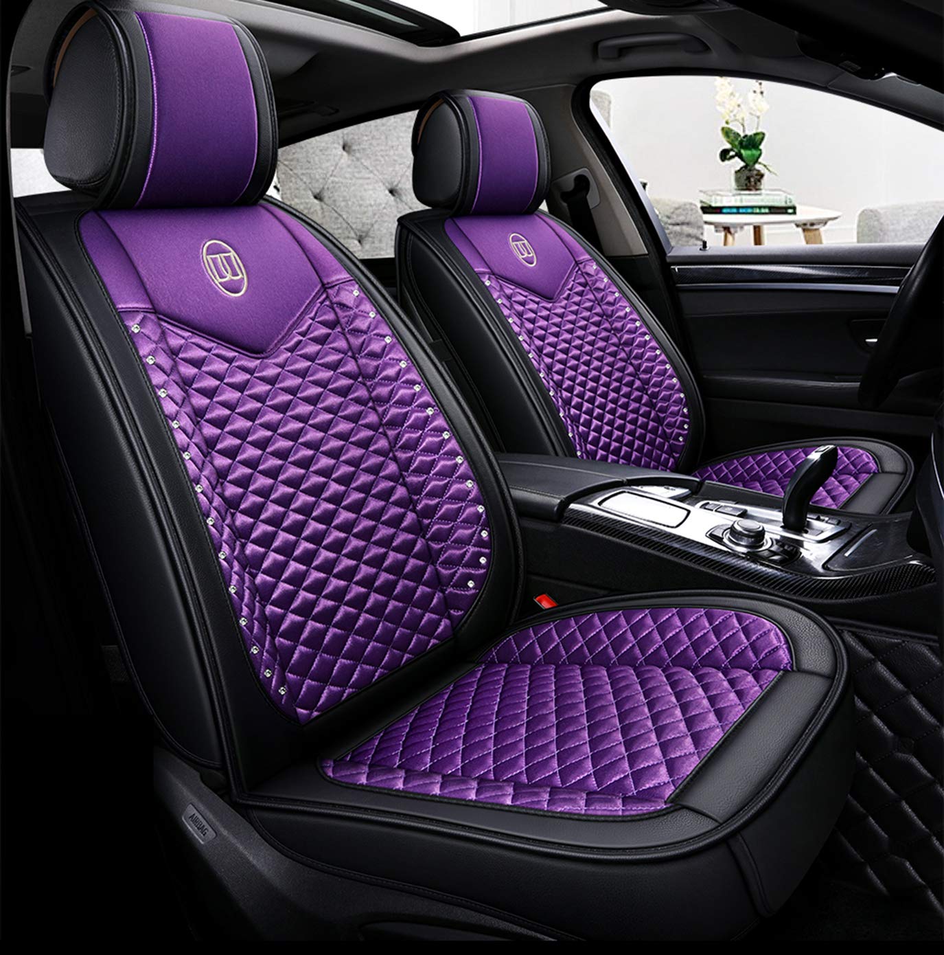 Bling Girly Purple Car Seat Covers Full Set for Women Leather and Silk Front and Rear Seat Cushions Universal Fit (Purple-Basic)