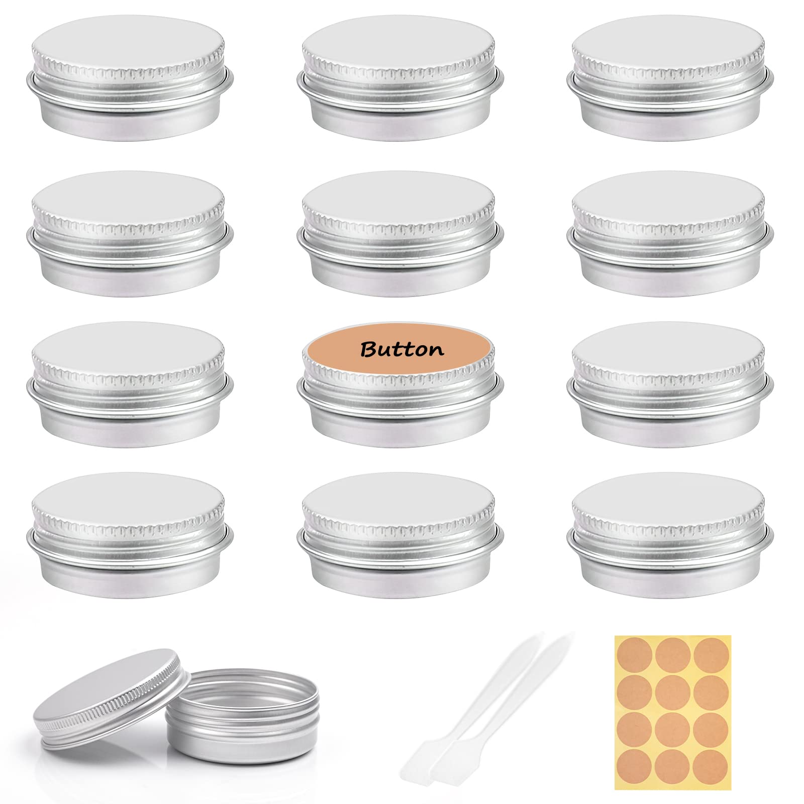 12 pcs Aluminium Empty Containers, Round Travel Cream Jars, Empty Tins with 2 Pieces Round Stickers for Lip Balm, Lotion, Cream, Masks, Mini Candles, Cosmetics (Silver,30ml)