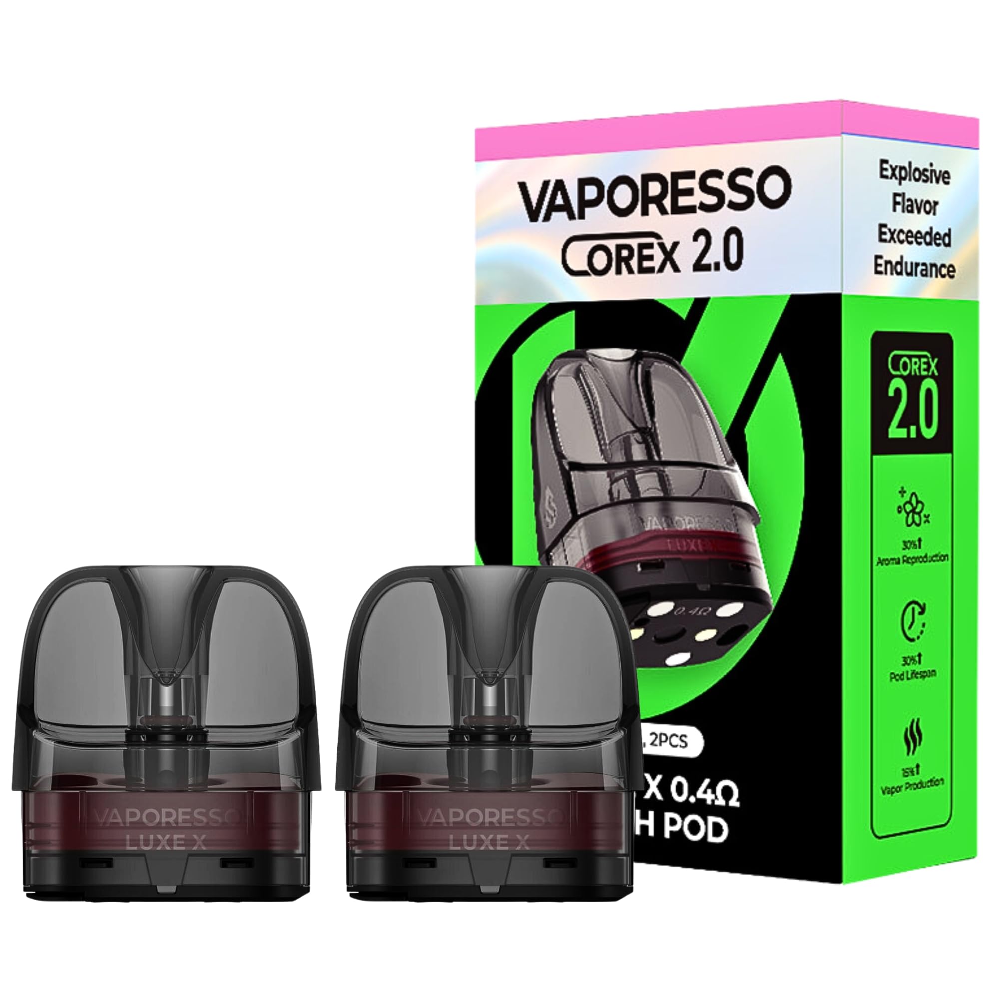 Vaporesso Luxe X COREX 2.0 Pods [0.4ohm | 32W] 2 Pack, SSS Leak Resistance, MORPH Mesh & COREX Cotton, Expolosive Flavour, 2ml Cartridge, No Nicotine