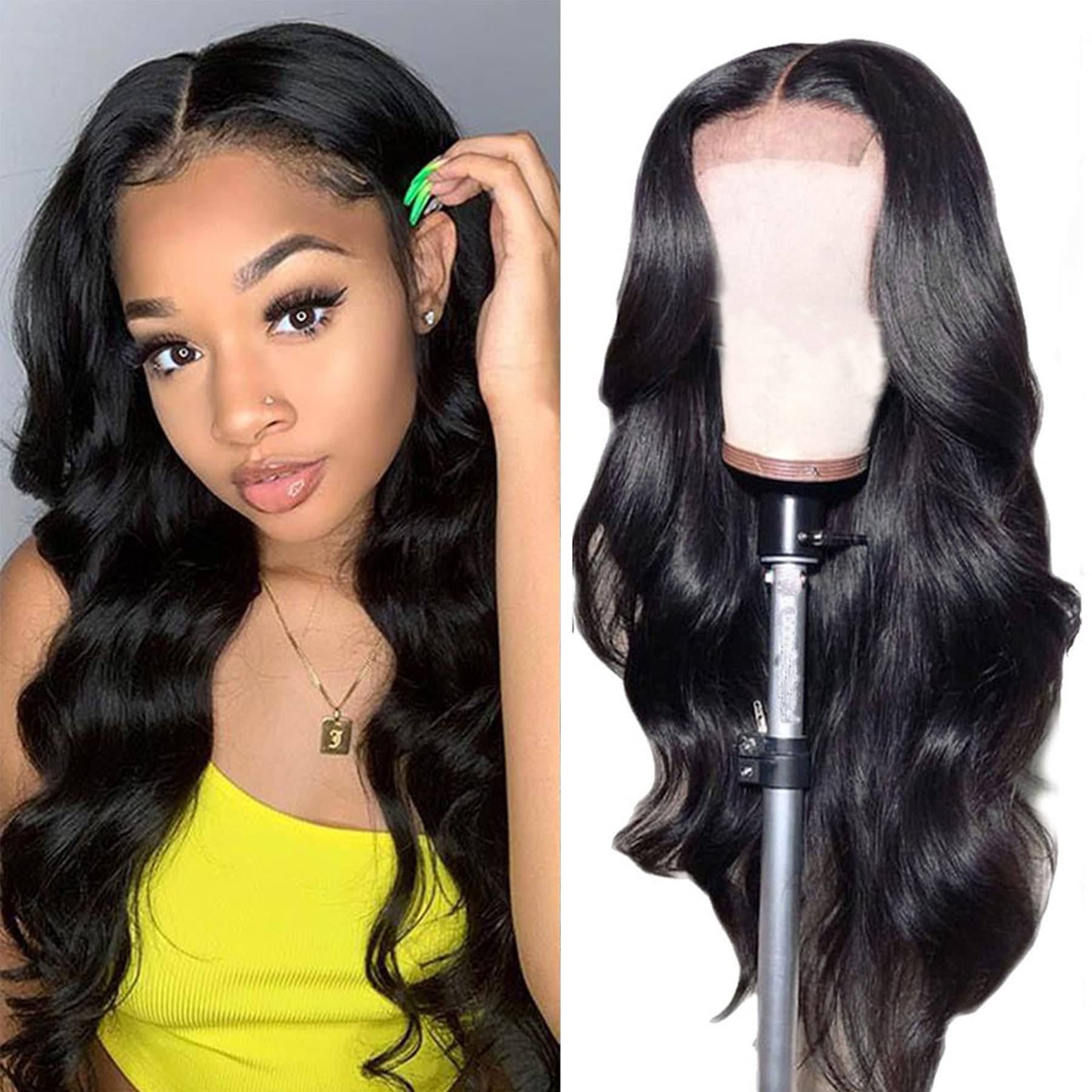 SHUQISH Lace Front Wigs Human Hair Wigs For Black Women Glueless Body Wave 4x4 Lace Closure Wigs Human Hair 150% Density Brazilian Virgin Hair Pre Plucked With Baby Hair Natural Color (22 Inch)