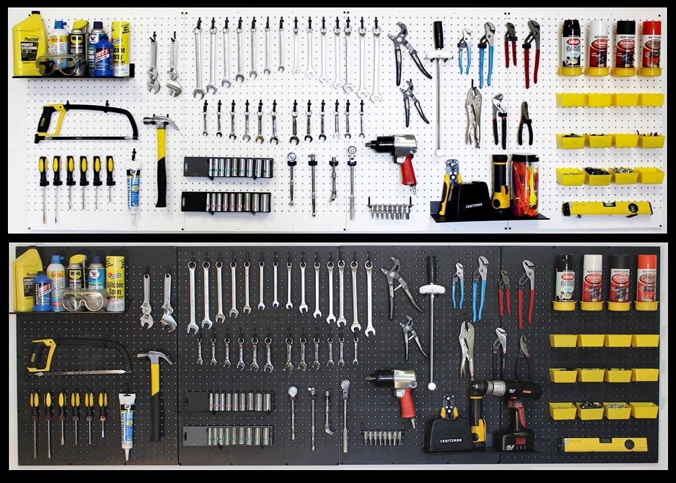 WallPeg peg Board Panels orgsnizer - Kit 96 W - Shelves, Bins, Locking peg Hooks - Garage pegboard Storage for Tools. Crafts, Workbench Area - Made in USA