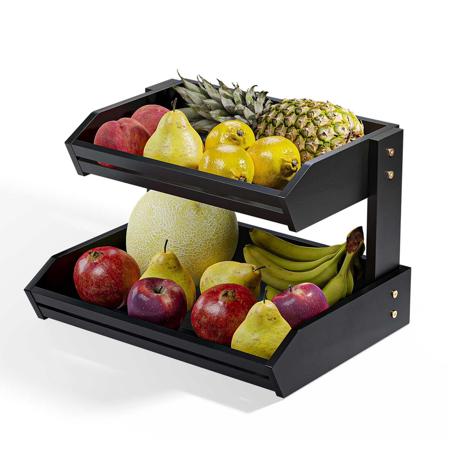 HOLANA Acacia Wood Fruit Basket - 2-Tier Fruit Bowl for Kitchen Counter, Extra Large 16x12.5x18 in, Fruteros Para Cocina, Fruit and Vegetable Storage (2 Tier Black)