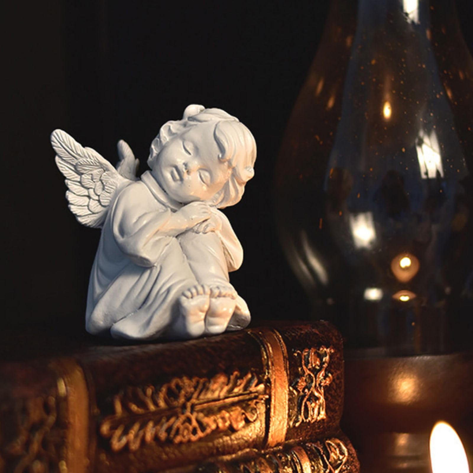 OwMell Little Angel Statue Figurine, Resin Cherub Statue Sleeping Angle Sculpture, Remembrance Healing Sympathy Gift for Memorial, Shelf Home Living Room Desktop Office Decoration - White